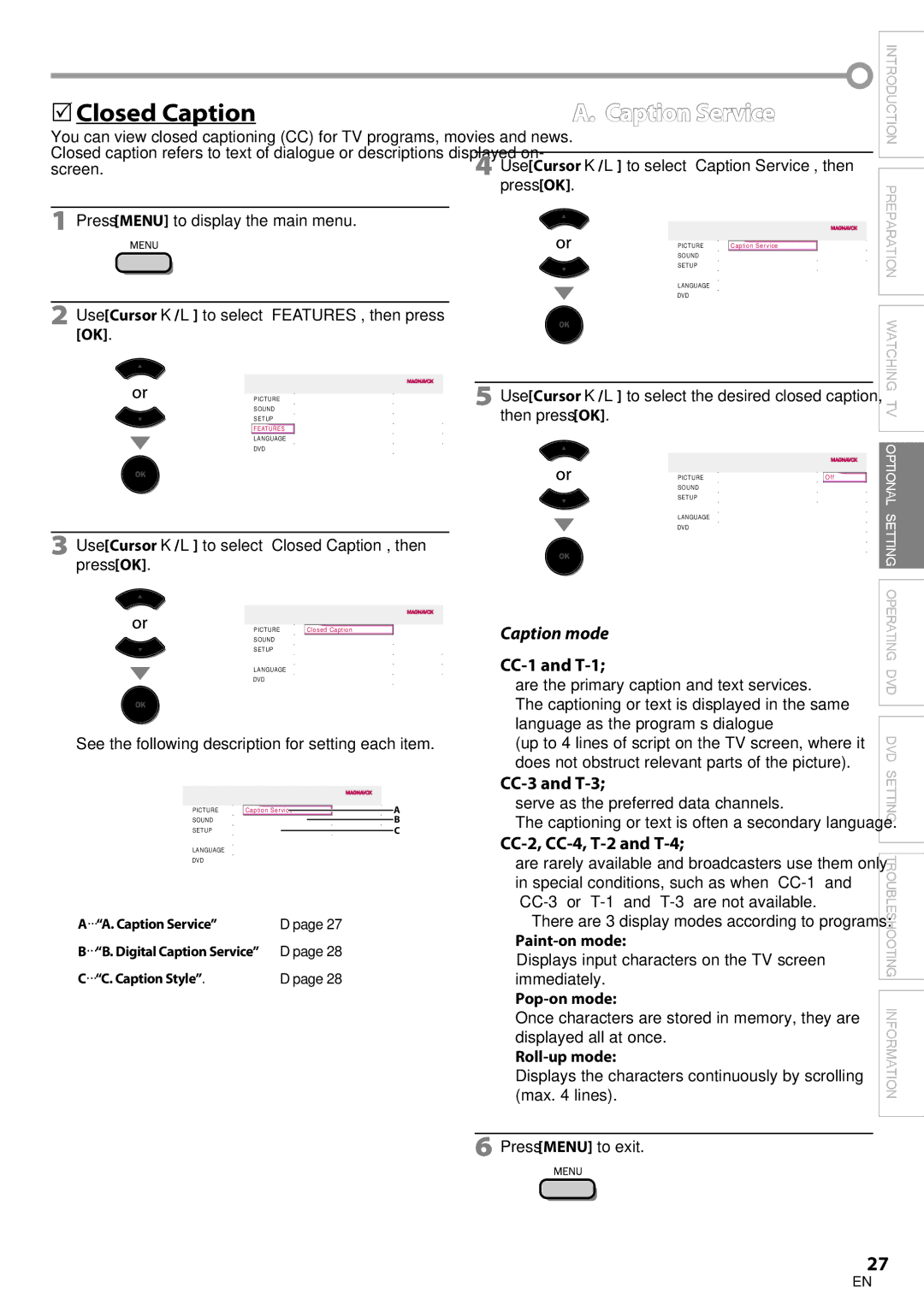 Philips 19MD350B/F7 user manual  Closed Caption, Caption Service, Caption mode 