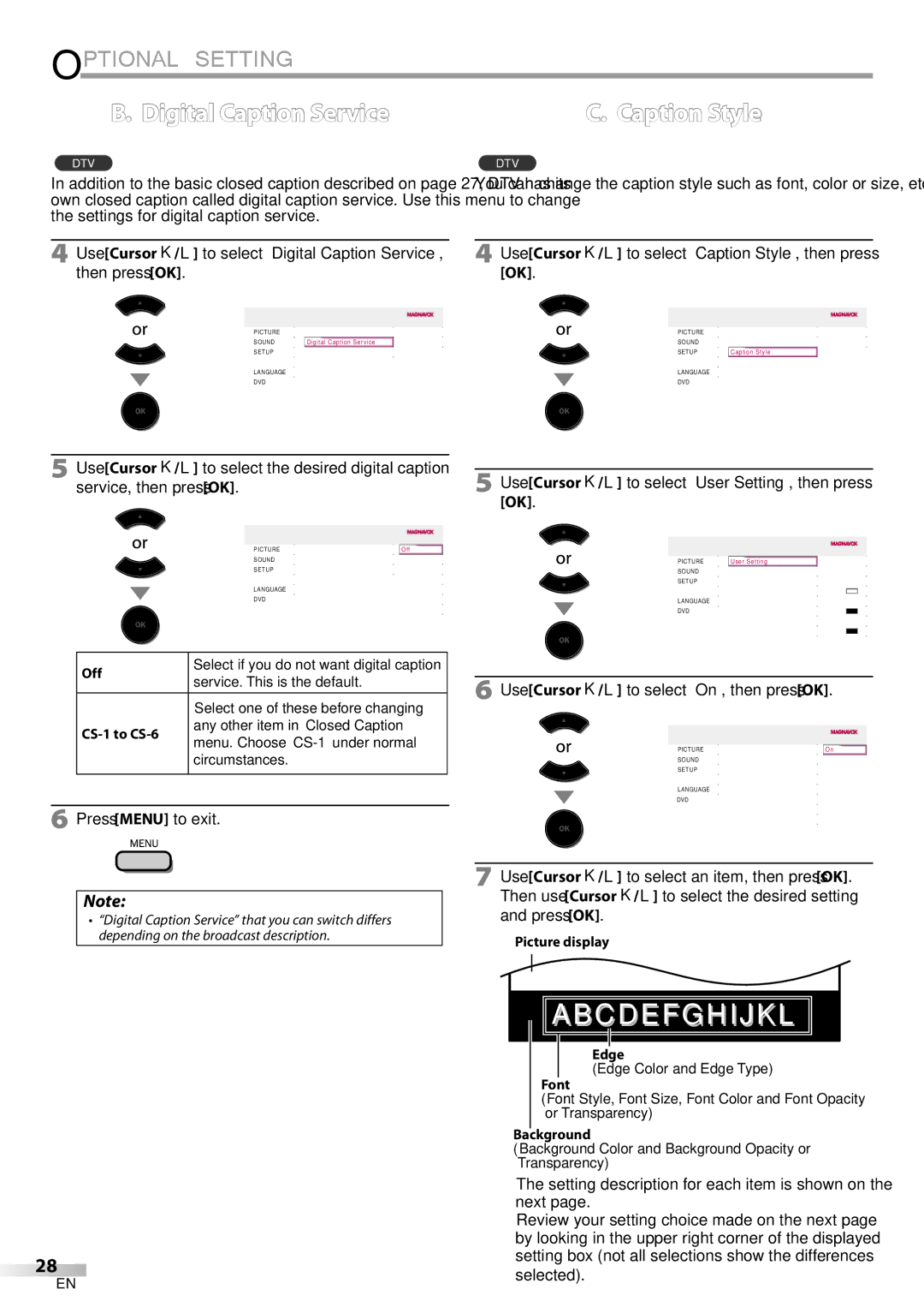 Philips 19MD350B/F7 user manual To select Digital Caption Service, Use Cursor K/L to select On, then press OK 