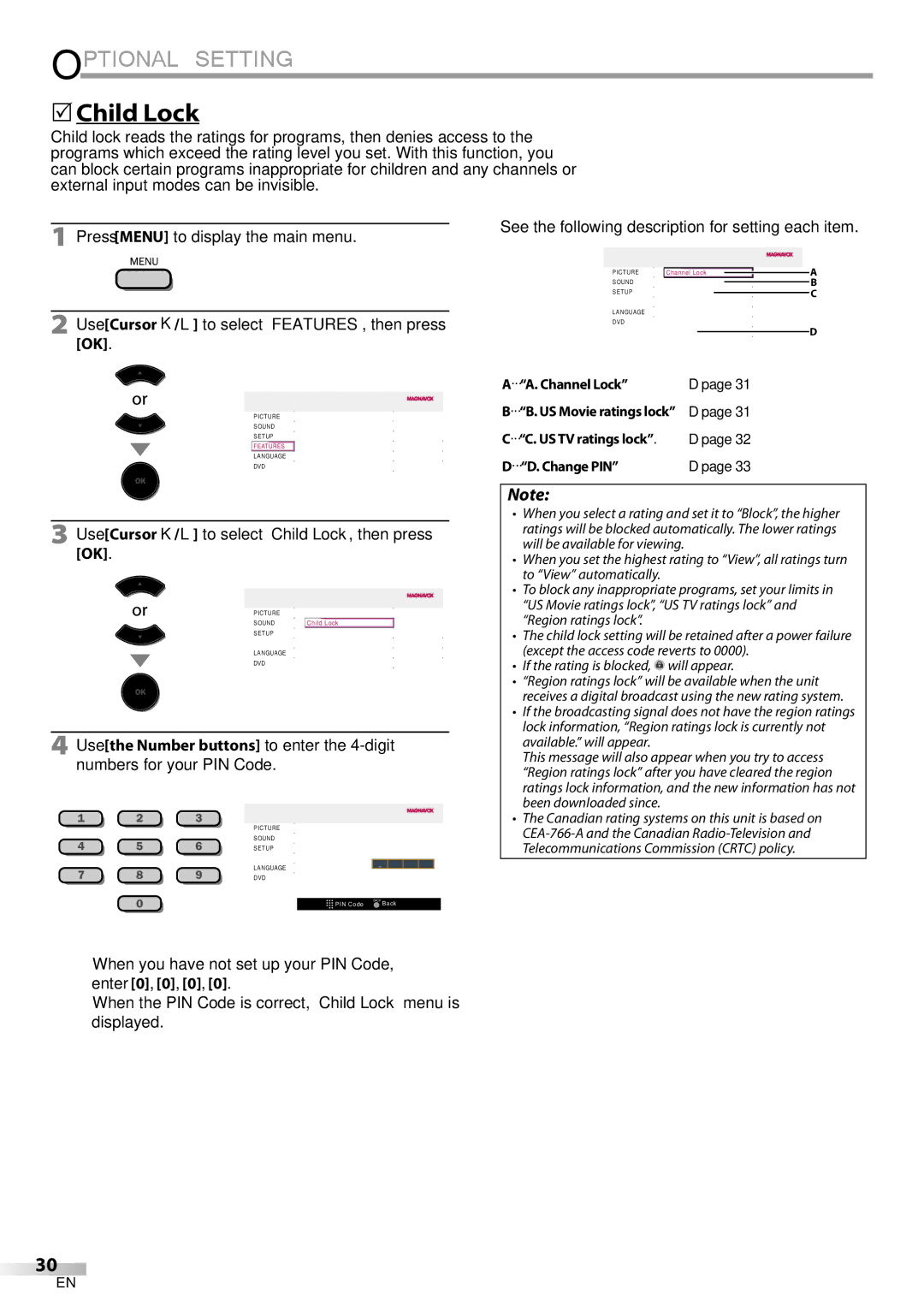 Philips 19MD350B/F7 user manual  Child Lock, Use Cursor K/L to select Child Lock, then press, Channel Lock, Change PIN 