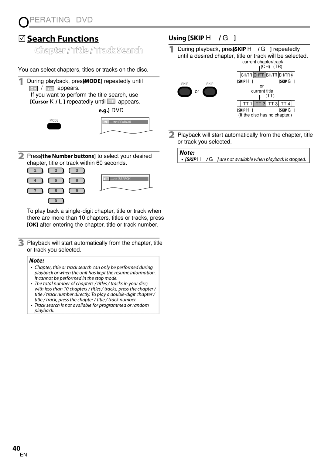 Philips 19MD350B/F7 user manual  Search Functions, Chapter / Title / Track Search 