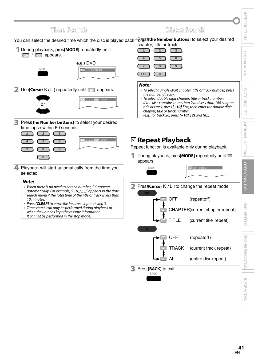 Philips 19MD350B/F7 user manual Time Search, Direct Search,  Repeat Playback 