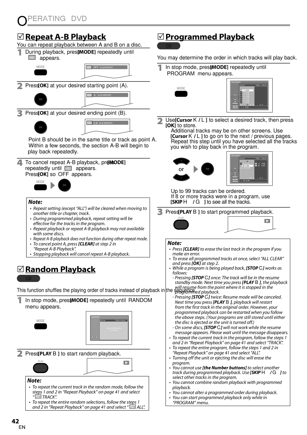 Philips 19MD350B/F7 user manual Repeat A-B Playback Programmed Playback,  Random Playback 