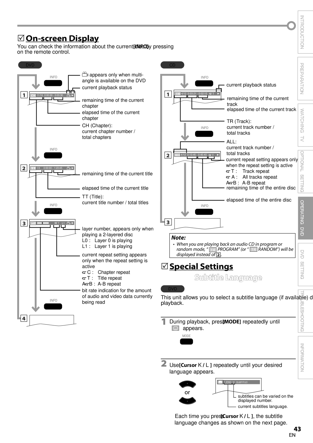 Philips 19MD350B/F7 user manual  On-screen Display,  Special Settings, Subtitle Language 