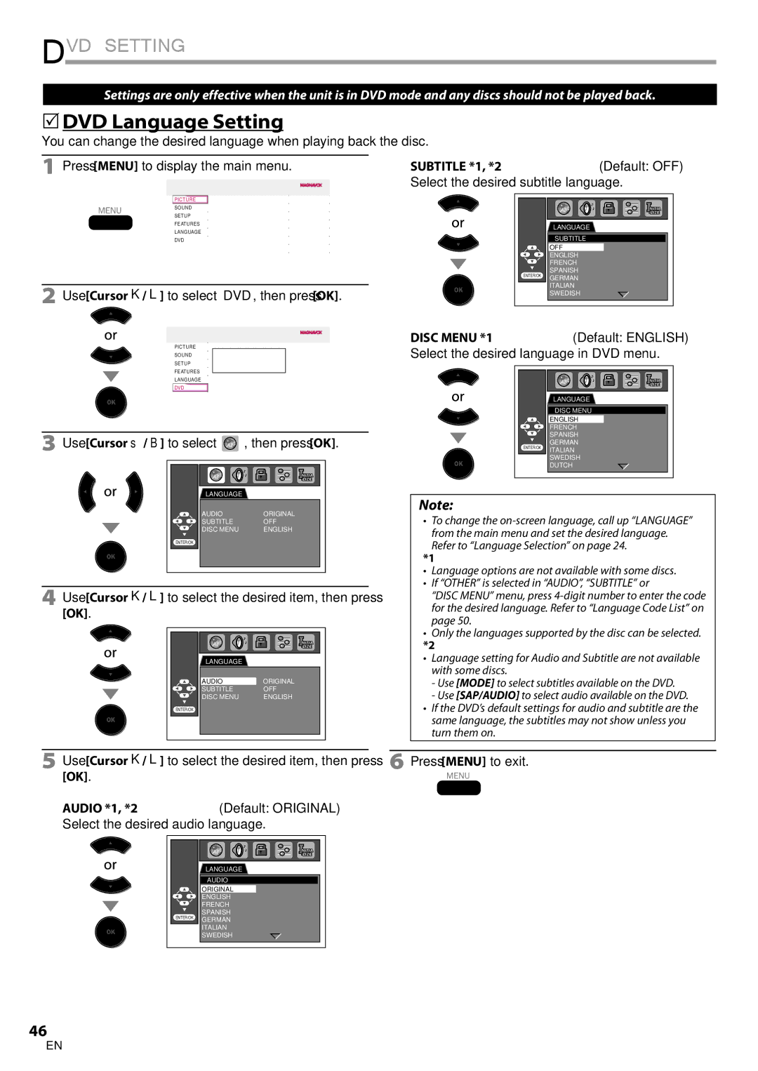 Philips 19MD350B/F7 user manual DVD Setting,  DVD Language Setting, Subtitle *1, *2Default OFF, Audio *1, *2 