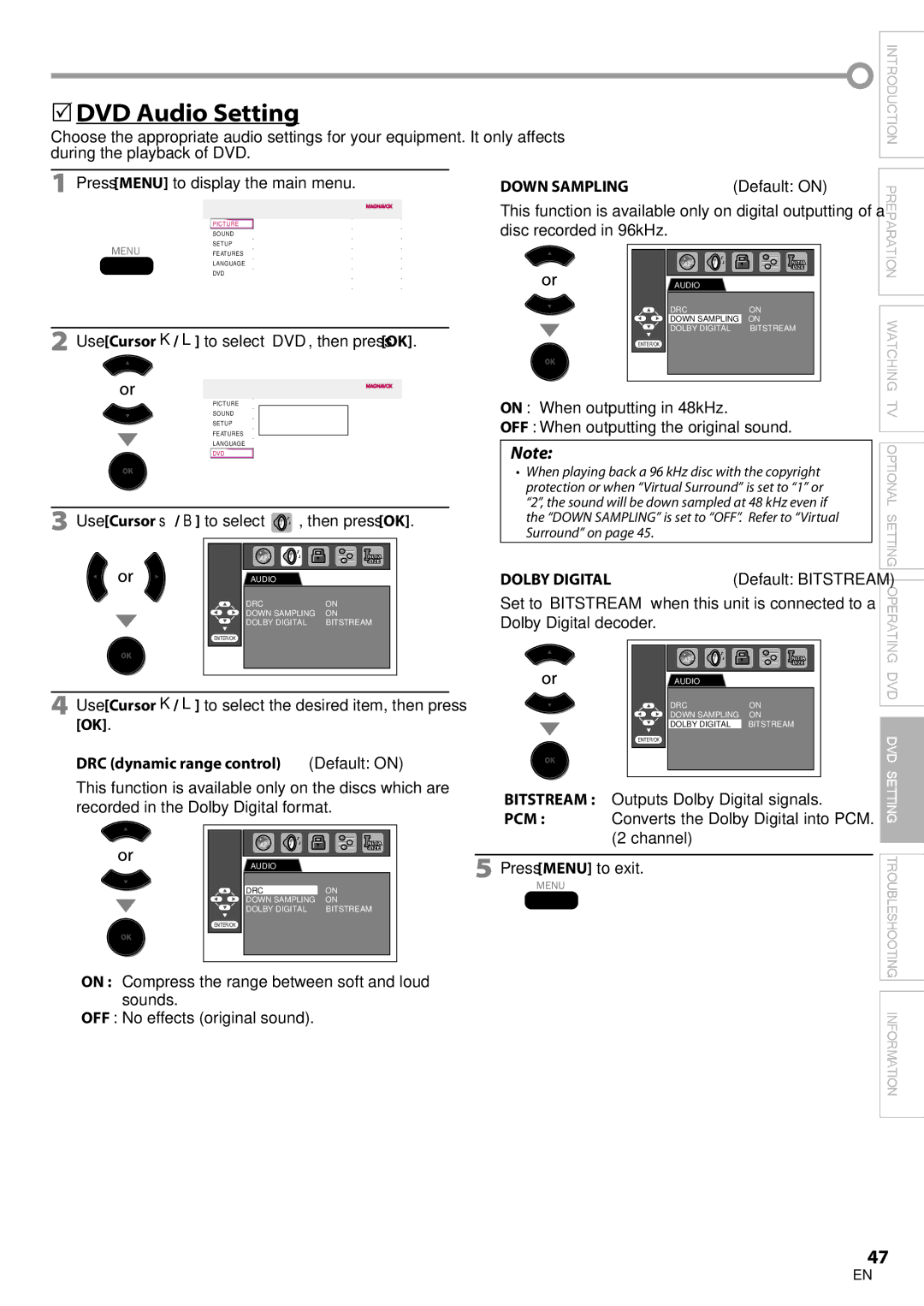 Philips 19MD350B/F7 user manual  DVD Audio Setting, Down Sampling 