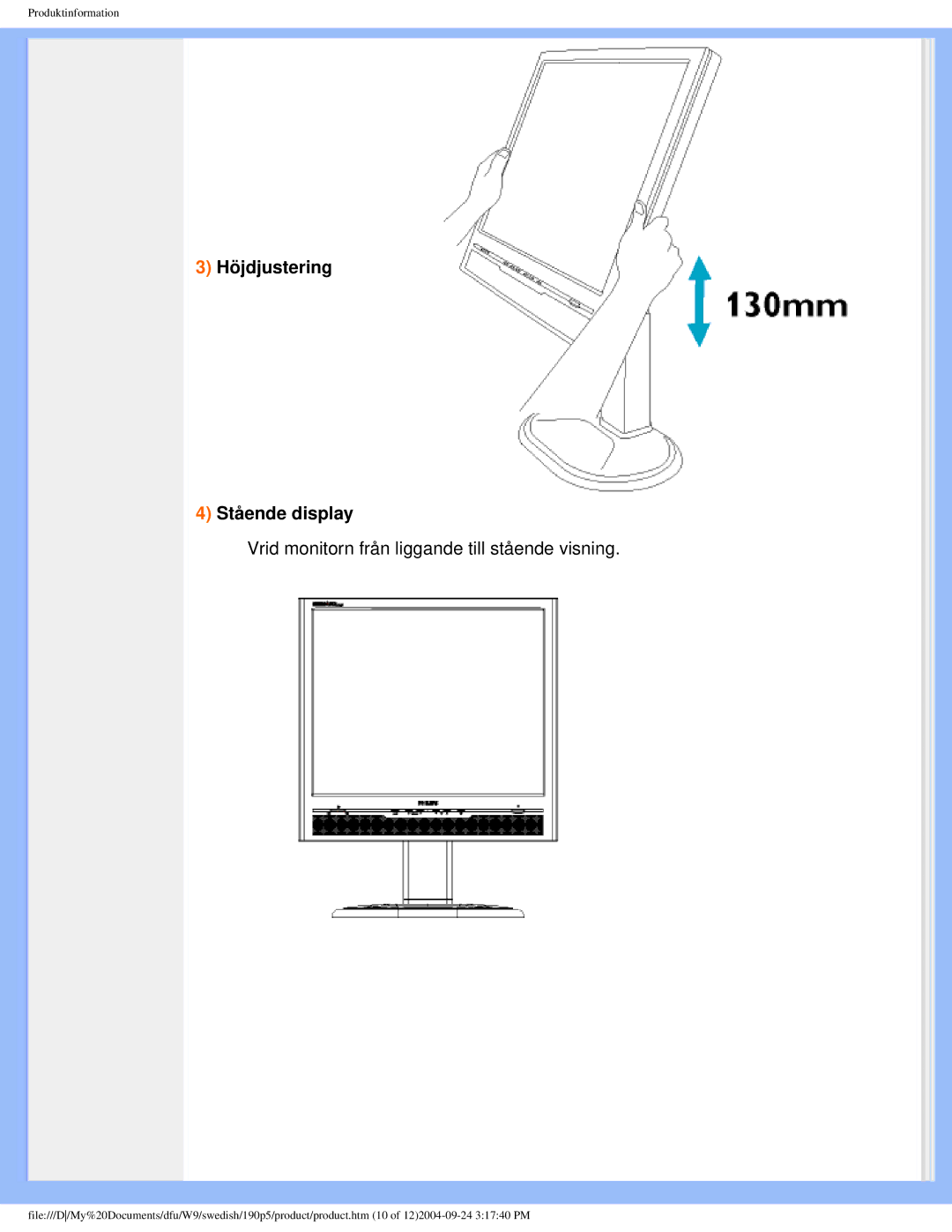 Philips 19OP5 user manual Höjdjustering Stående display 