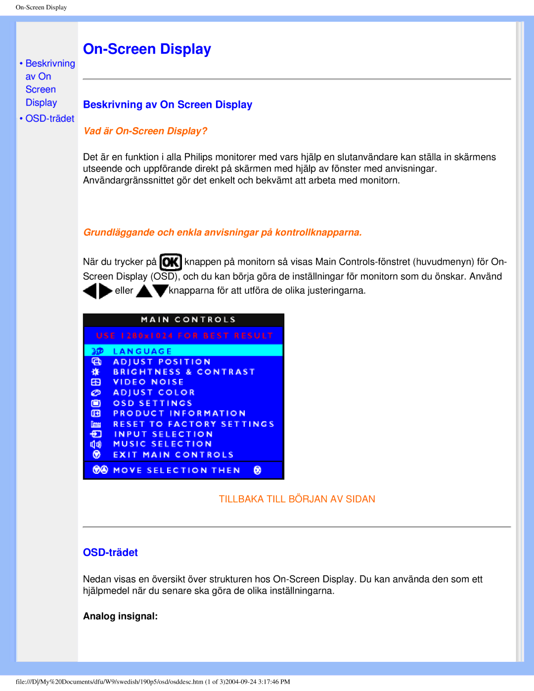 Philips 19OP5 user manual Beskrivning av On Screen Display, OSD-trädet 