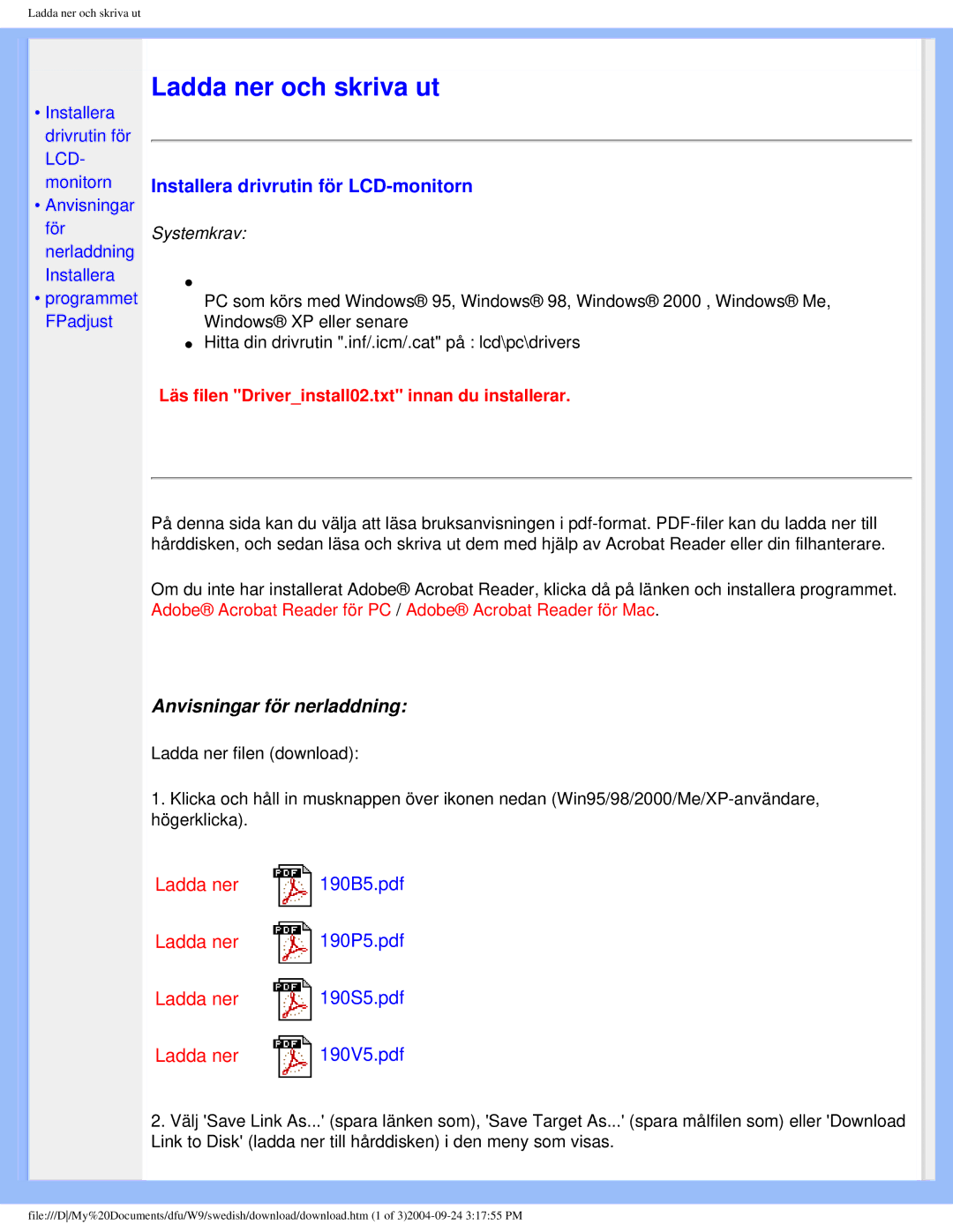 Philips 19OP5 user manual Ladda ner och skriva ut, Installera drivrutin för LCD-monitorn 
