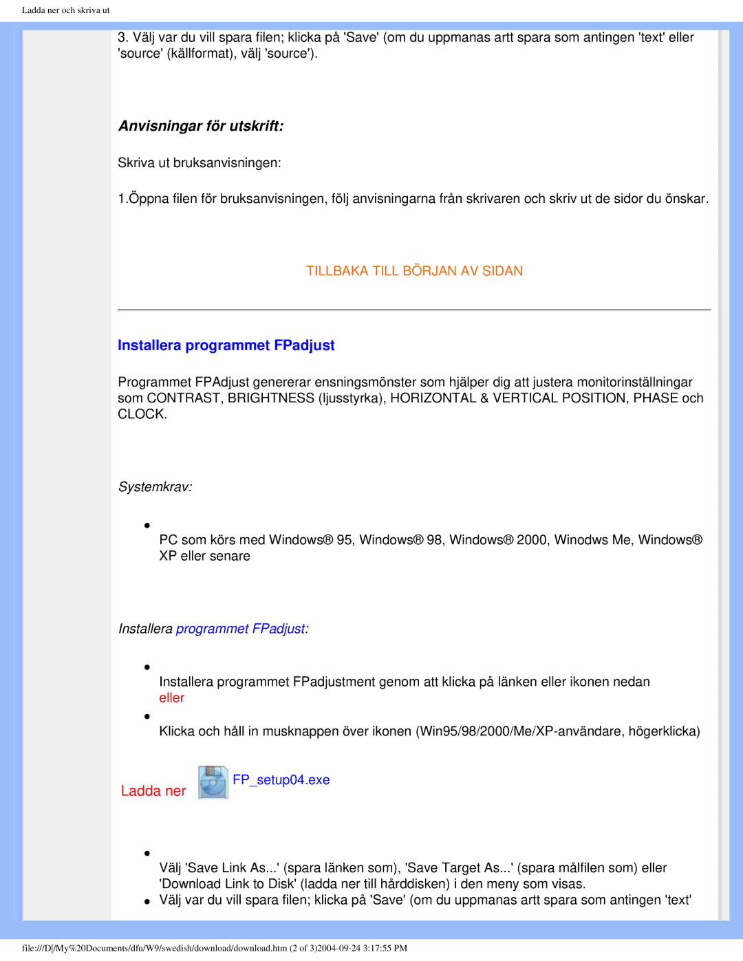 Philips 19OP5 user manual Anvisningar för utskrift, Installera programmet FPadjust 