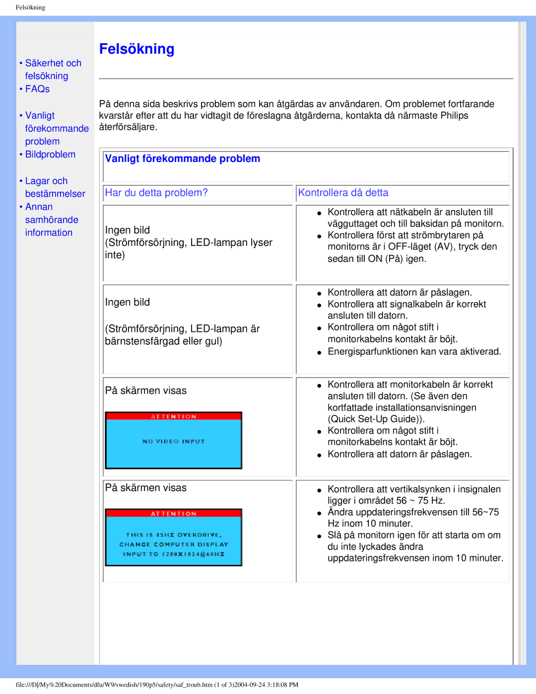 Philips 19OP5 user manual Felsökning, Vanligt förekommande problem 