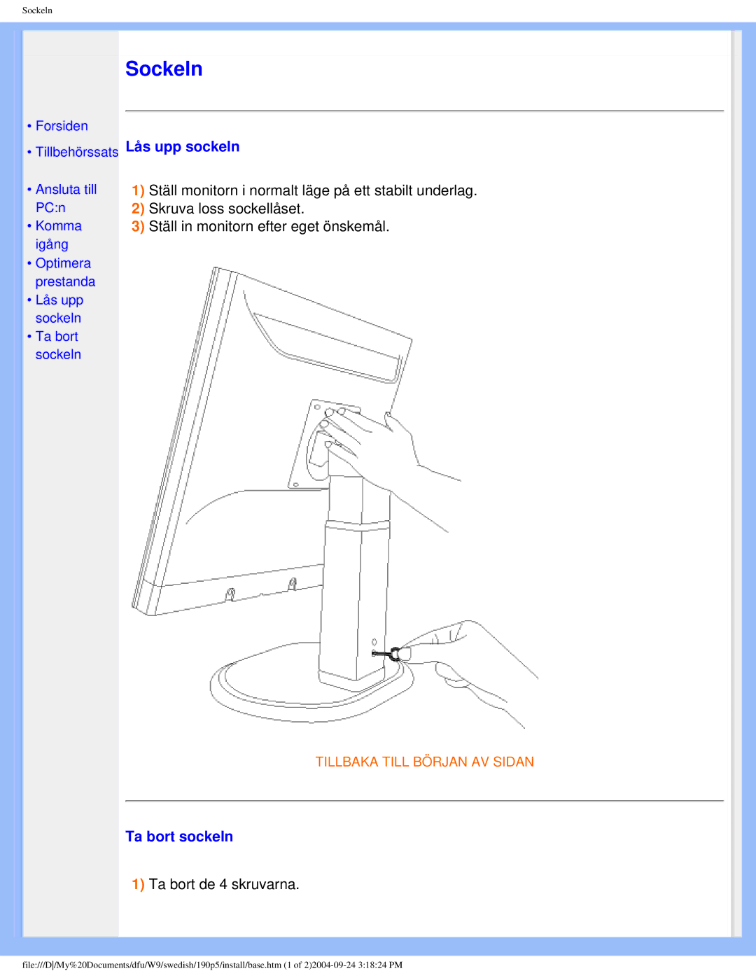 Philips 19OP5 user manual Lås upp sockeln, Ta bort sockeln 