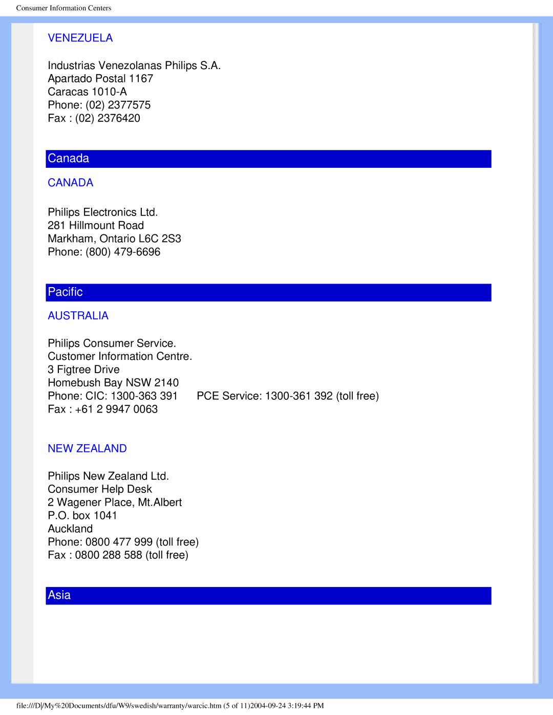 Philips 19OP5 user manual Venezuela, Canada, Australia, NEW Zealand 