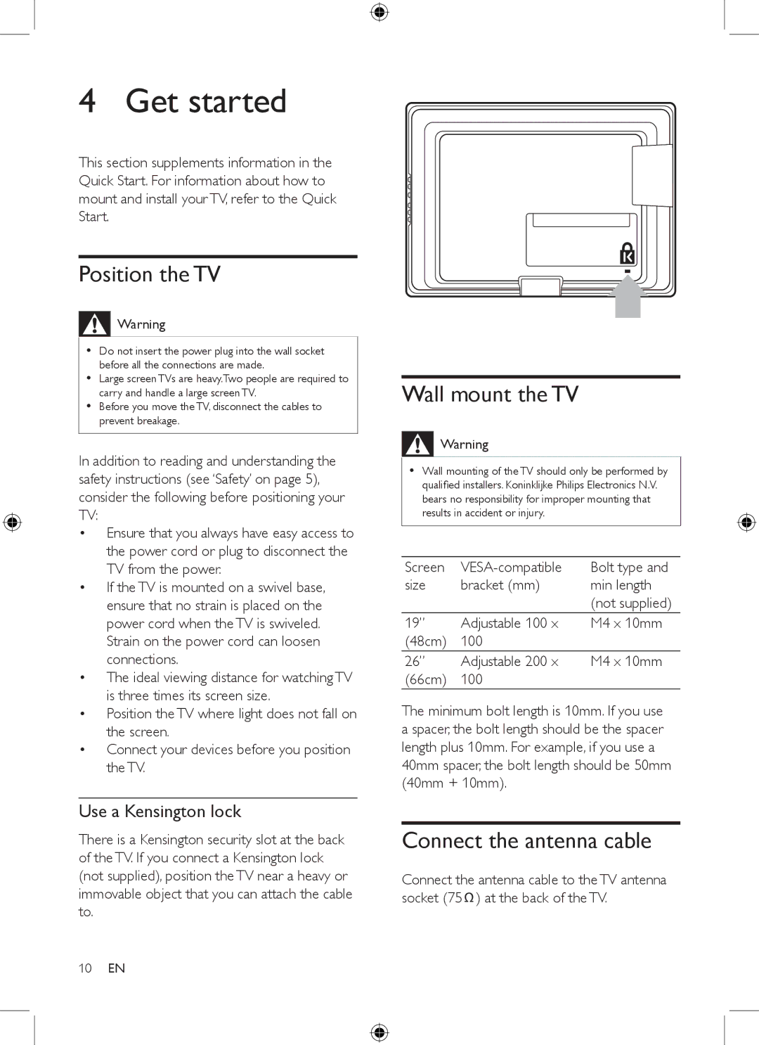 Philips 19PFL3403/77 Get started, Position the TV, Wall mount the TV, Connect the antenna cable, Use a Kensington lock 