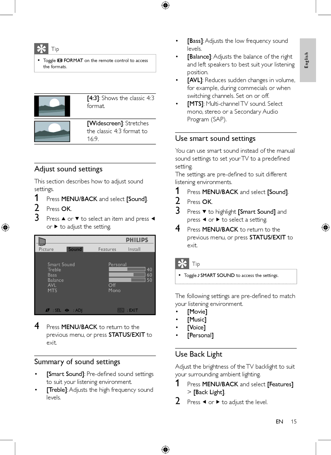 Philips 19PFL3403/77 user manual Adjust sound settings, Summary of sound settings, Use smart sound settings, Use Back Light 