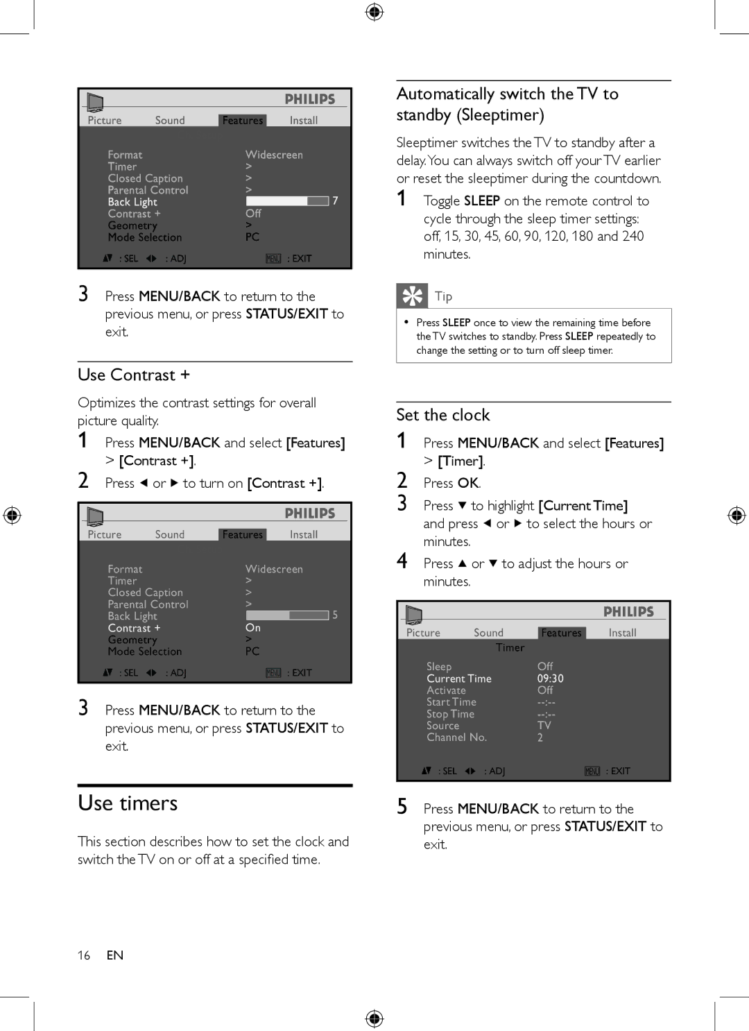 Philips 19PFL3403/77 Use timers, Use Contrast +, Automatically switch the TV to standby Sleeptimer, Set the clock 
