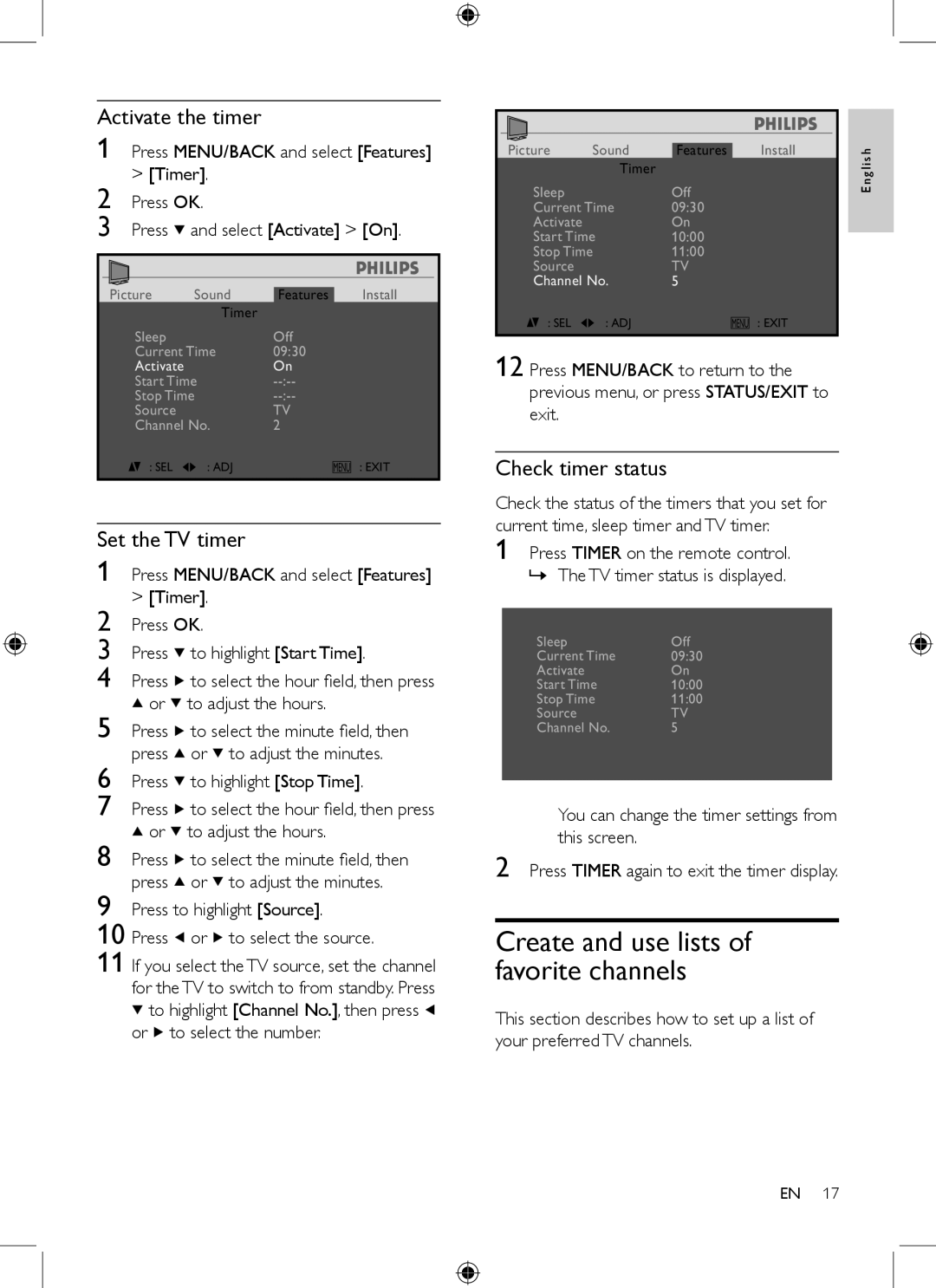 Philips 19PFL3403/77 Create and use lists of favorite channels, Activate the timer, Set the TV timer, Check timer status 