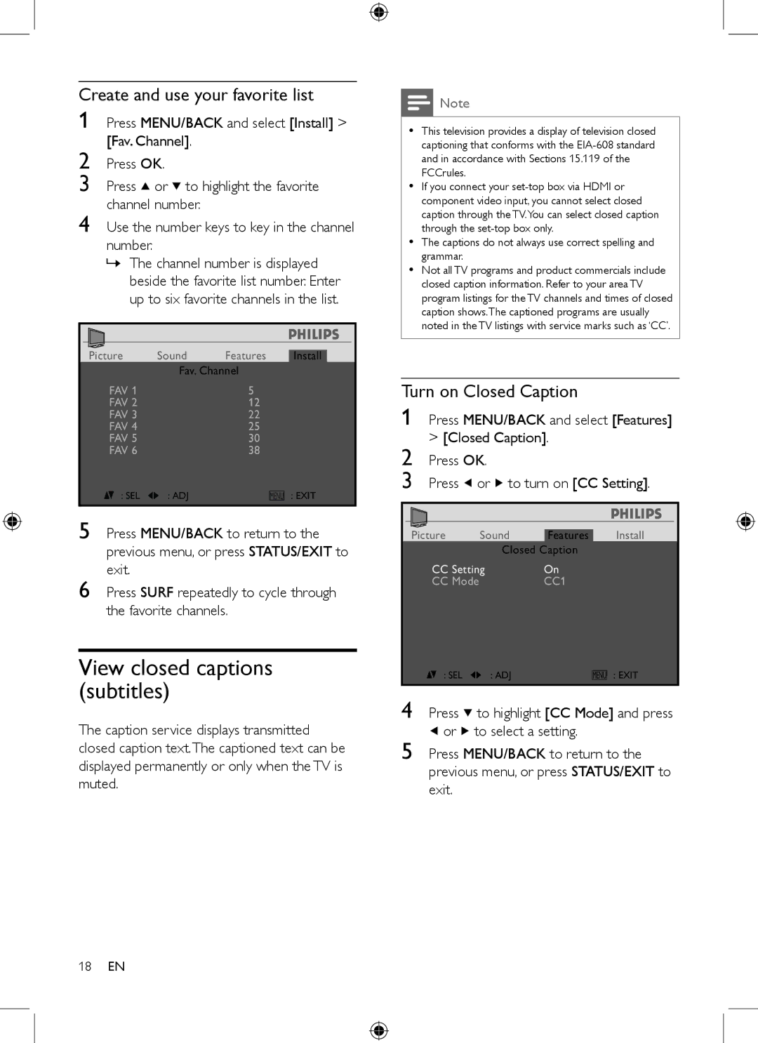 Philips 19PFL3403/77 user manual View closed captions subtitles, Create and use your favorite list, Turn on Closed Caption 