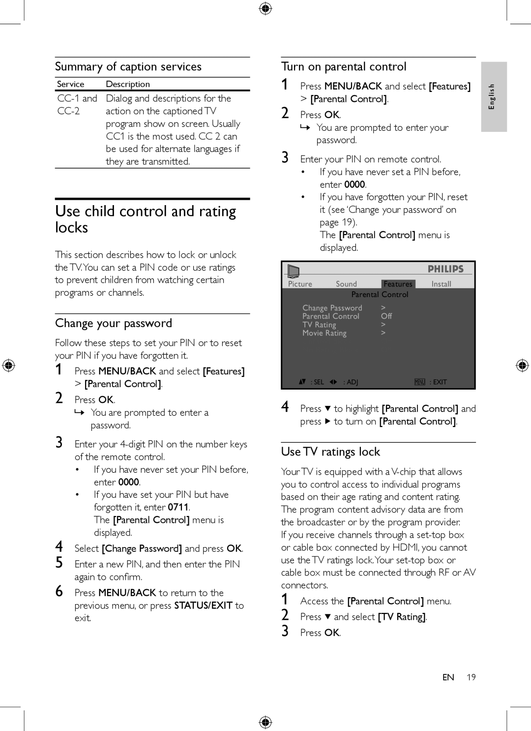 Philips 19PFL3403/77 user manual Use child control and rating locks, Summary of caption services, Change your password 