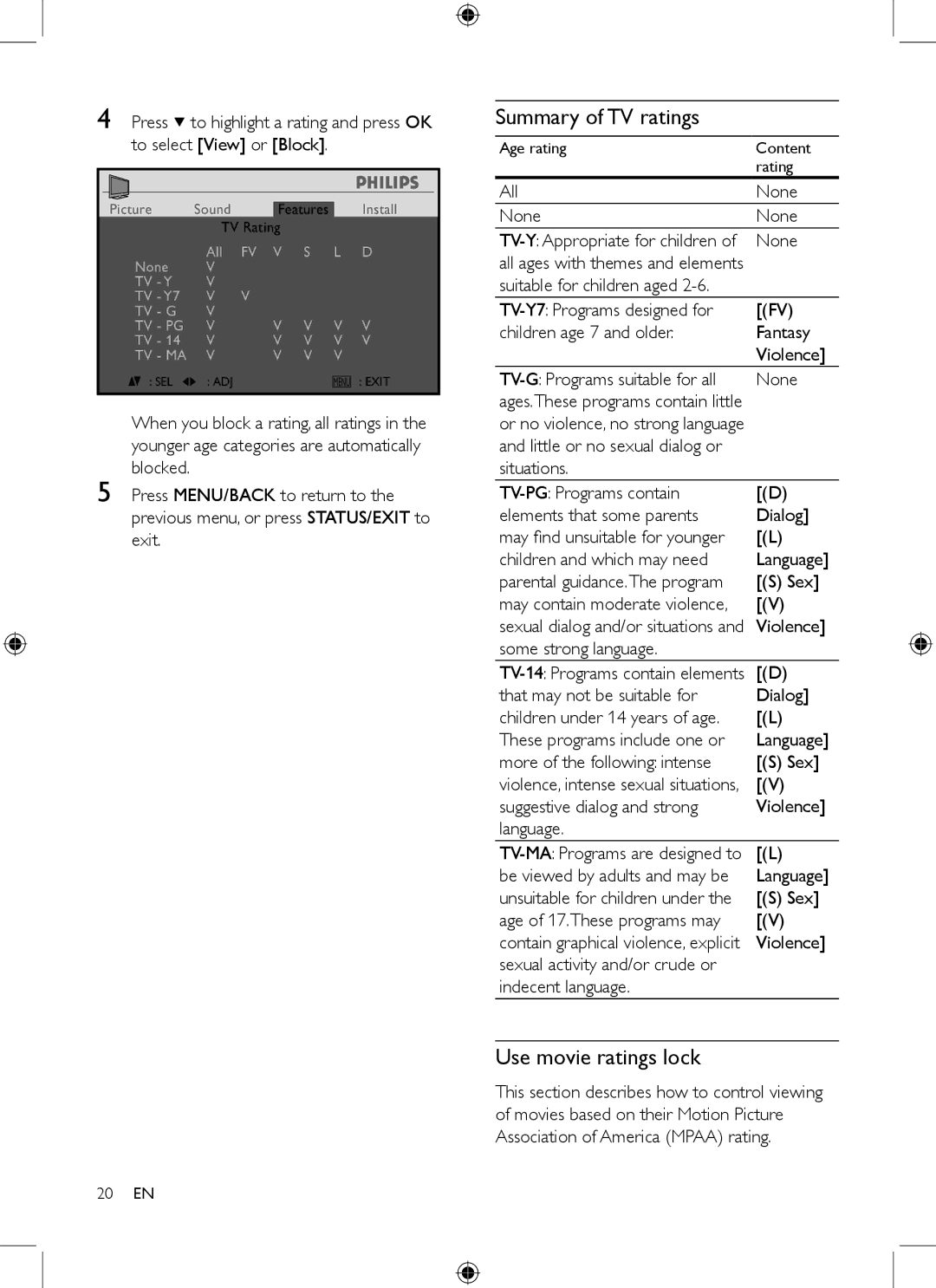 Philips 19PFL3403/77 user manual Summary of TV ratings, Use movie ratings lock 