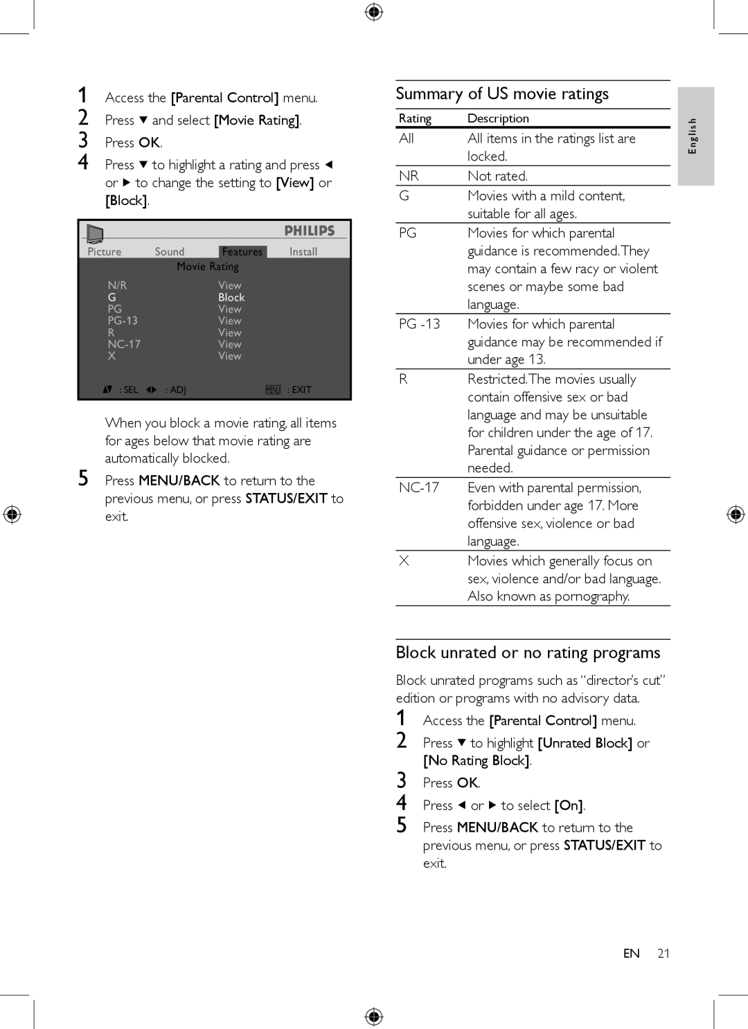 Philips 19PFL3403/77 user manual Summary of US movie ratings, Block unrated or no rating programs 