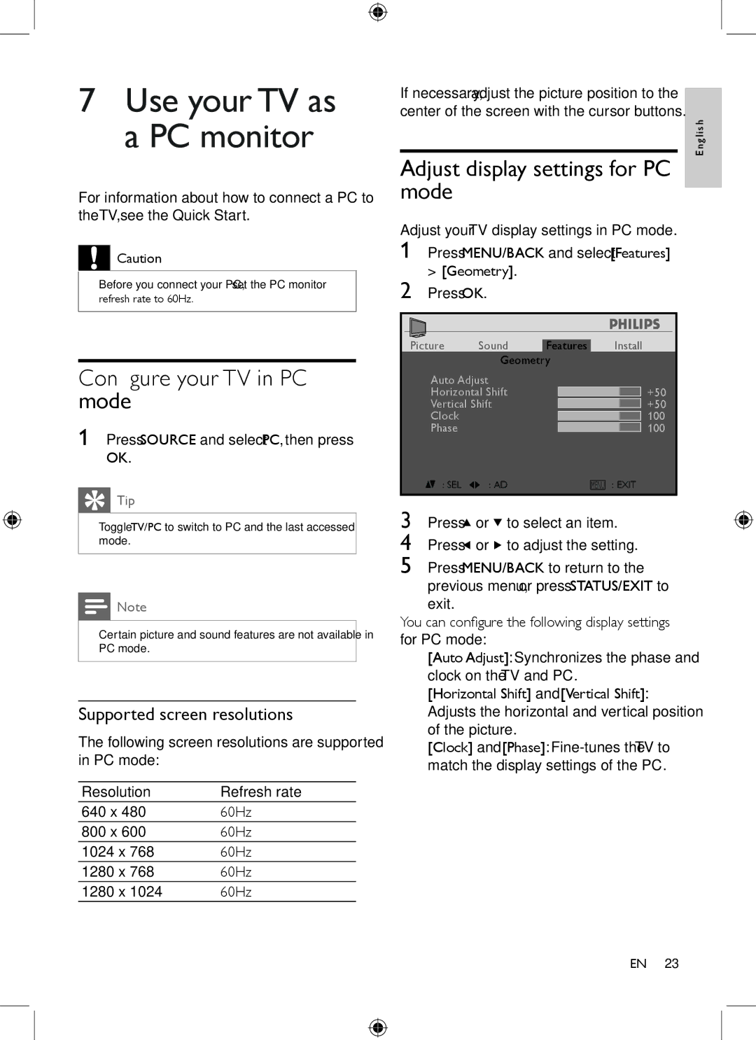 Philips 19PFL3403/77 user manual Configure your TV in PC mode, Mode, Supported screen resolutions, Geometry Press OK 