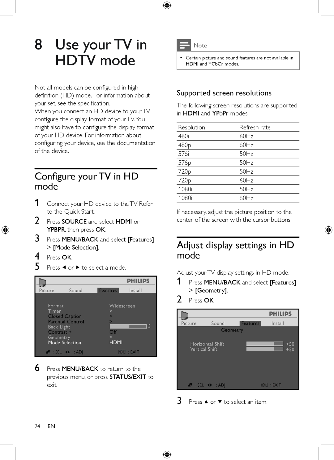 Philips 19PFL3403/77 user manual Configure your TV in HD mode, Press or to select an item 