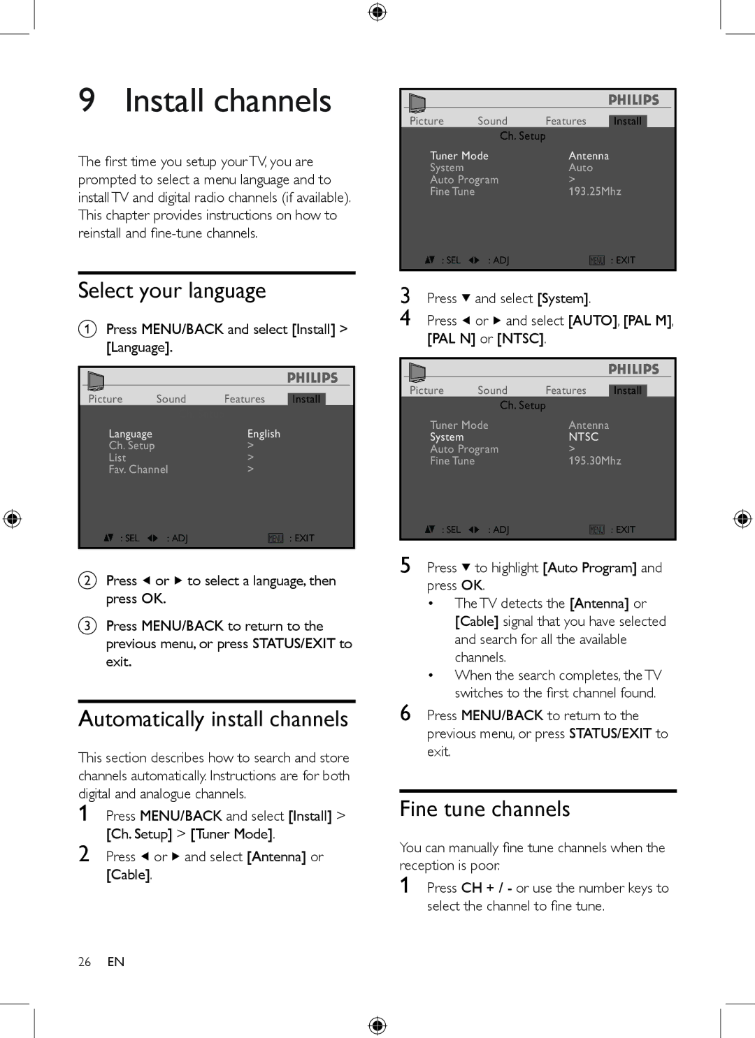 Philips 19PFL3403/77 user manual Install channels, Select your language, Automatically install channels, Fine tune channels 