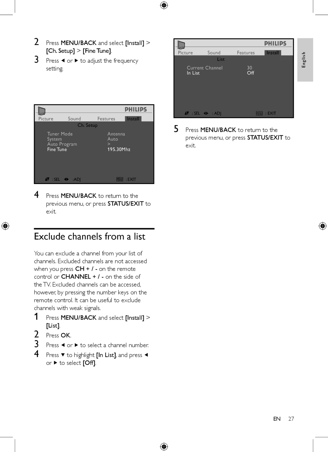 Philips 19PFL3403/77 user manual Exclude channels from a list, Press to highlight In List, and press or to select Off 