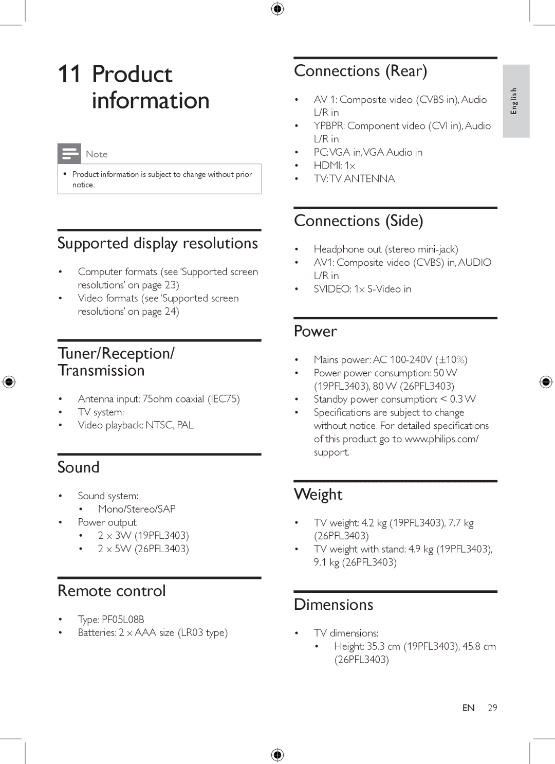 Philips 19PFL3403/77 user manual Product information 