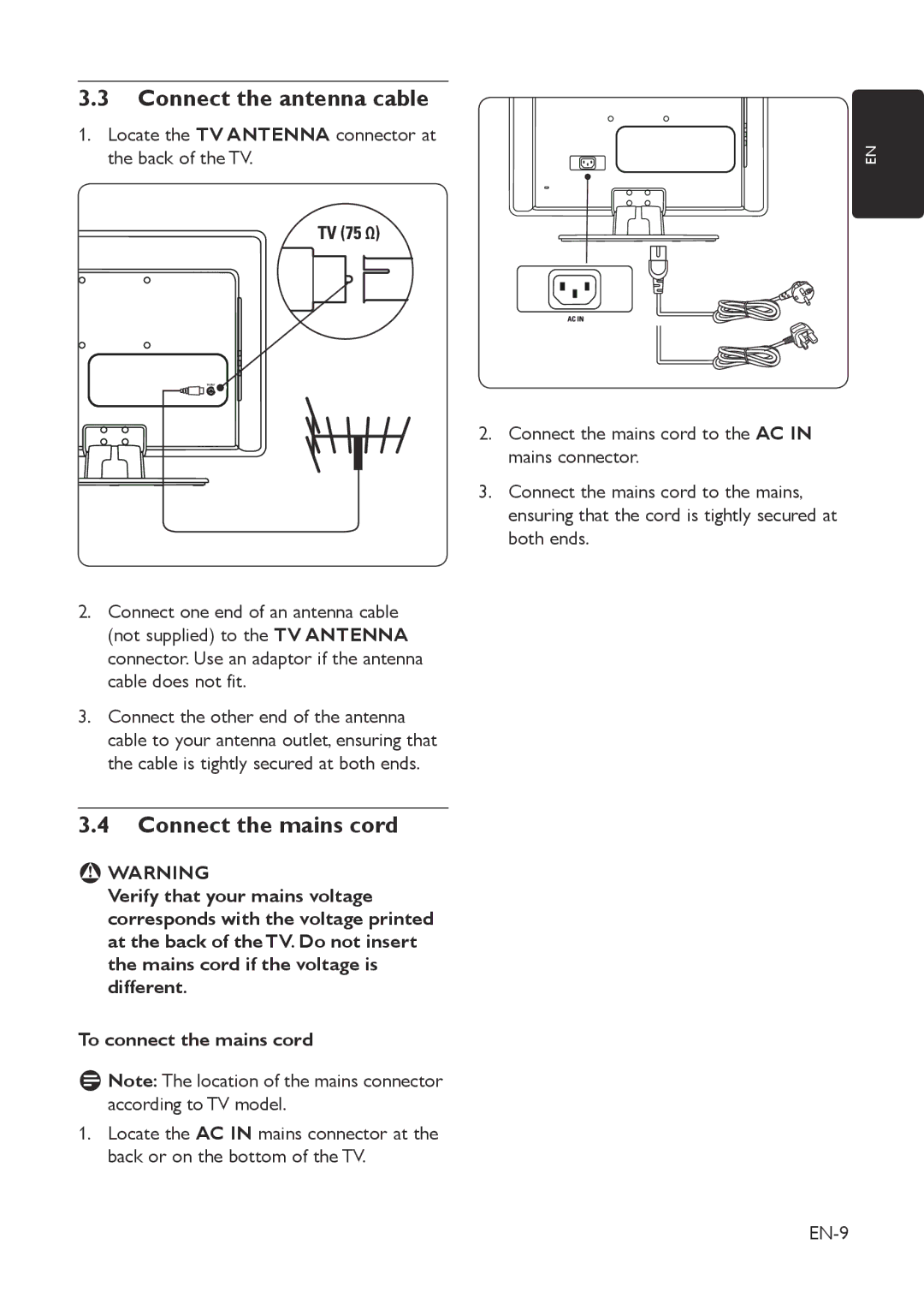 Philips 19PFL3403D/10 user manual Connect the antenna cable, Connect the mains cord 