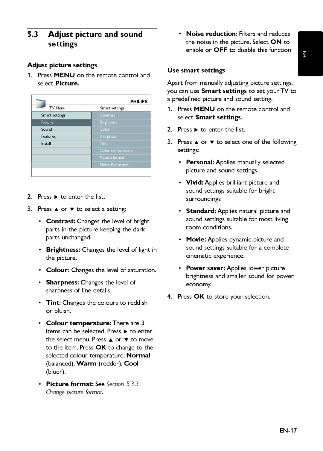 Philips 19PFL3403D/10 user manual Adjust picture and sound settings, Adjust picture settings, Use smart settings 