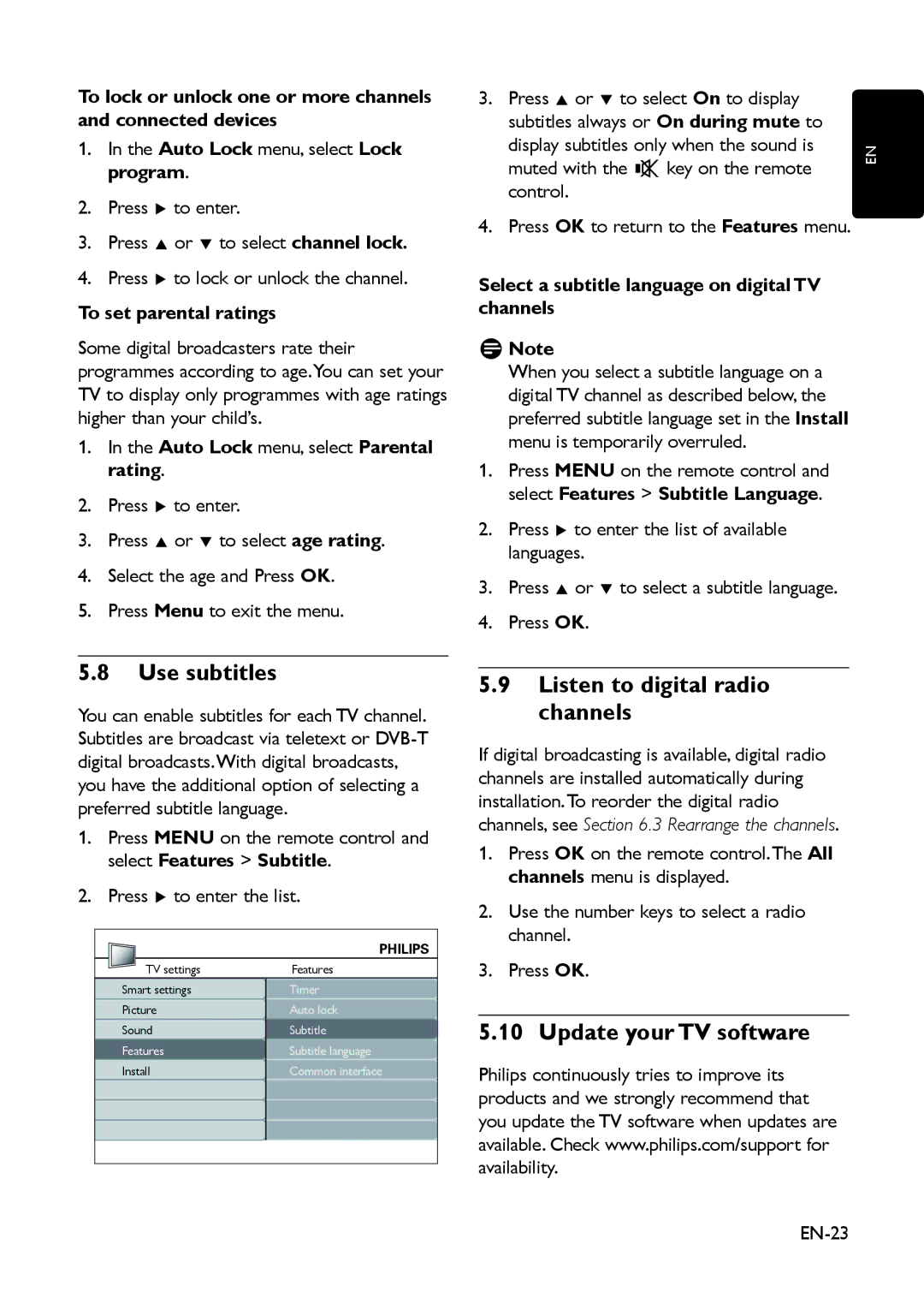 Philips 19PFL3403D/10 Use subtitles, Listen to digital radio channels, Update your TV software, To set parental ratings 