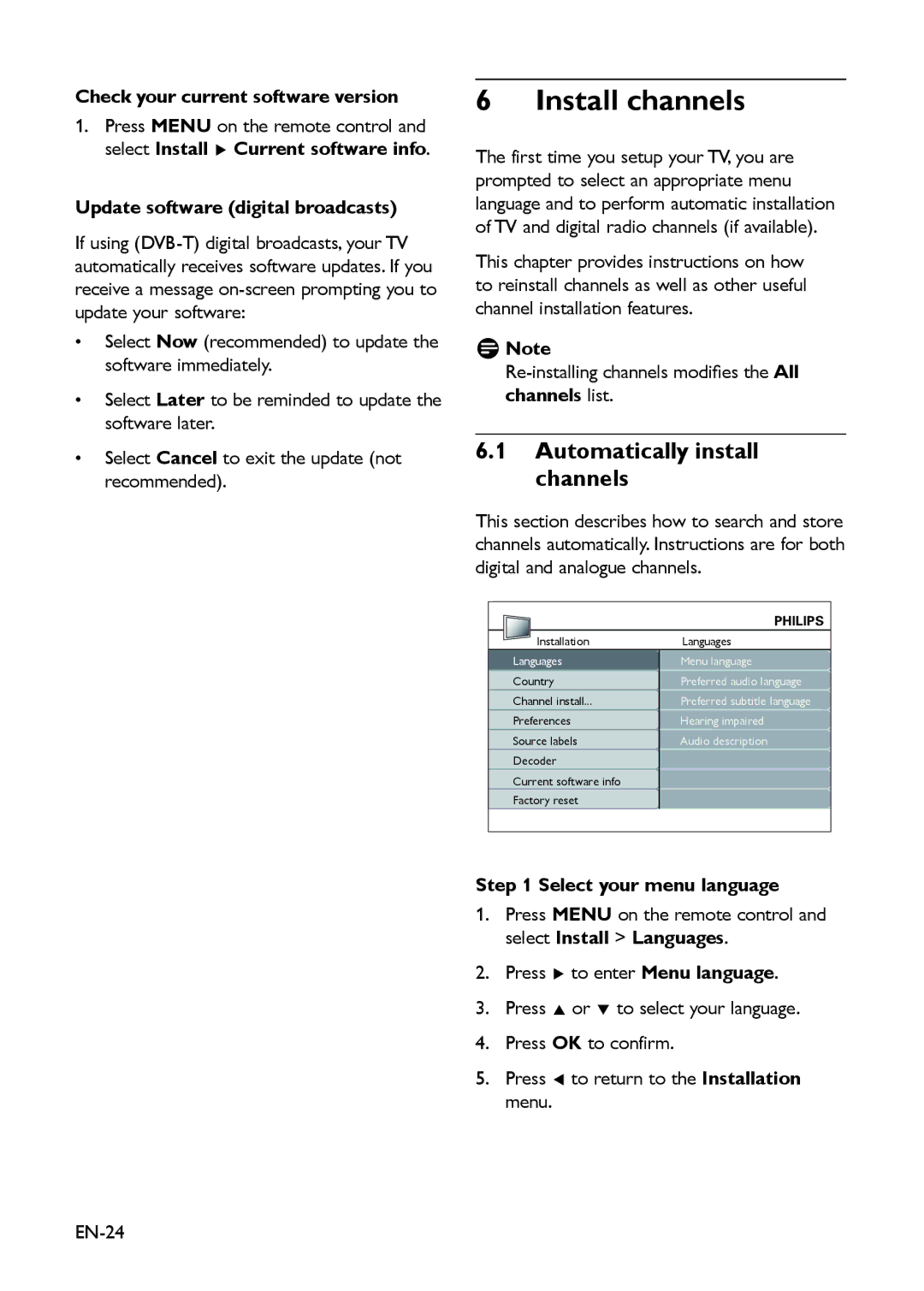 Philips 19PFL3403D/10 user manual Install channels, Automatically install channels, Check your current software version 