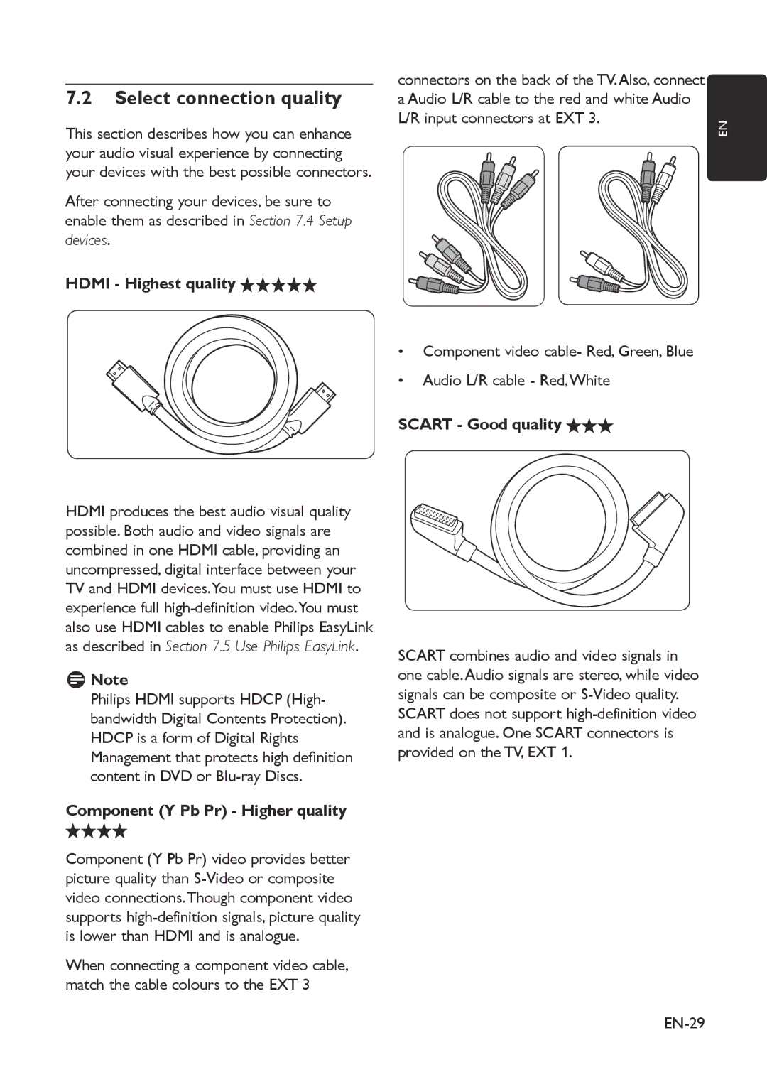 Philips 19PFL3403D/10 user manual Select connection quality, Hdmi Highest quality, Component Y Pb Pr Higher quality, EN-29 