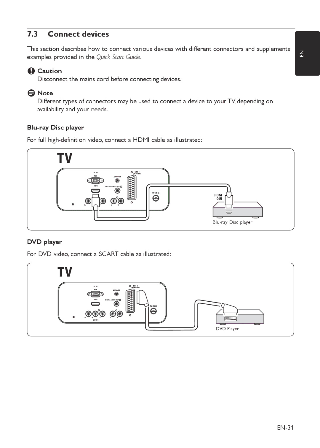 Philips 19PFL3403D/10 user manual Connect devices, Blu-ray Disc player, DVD player 