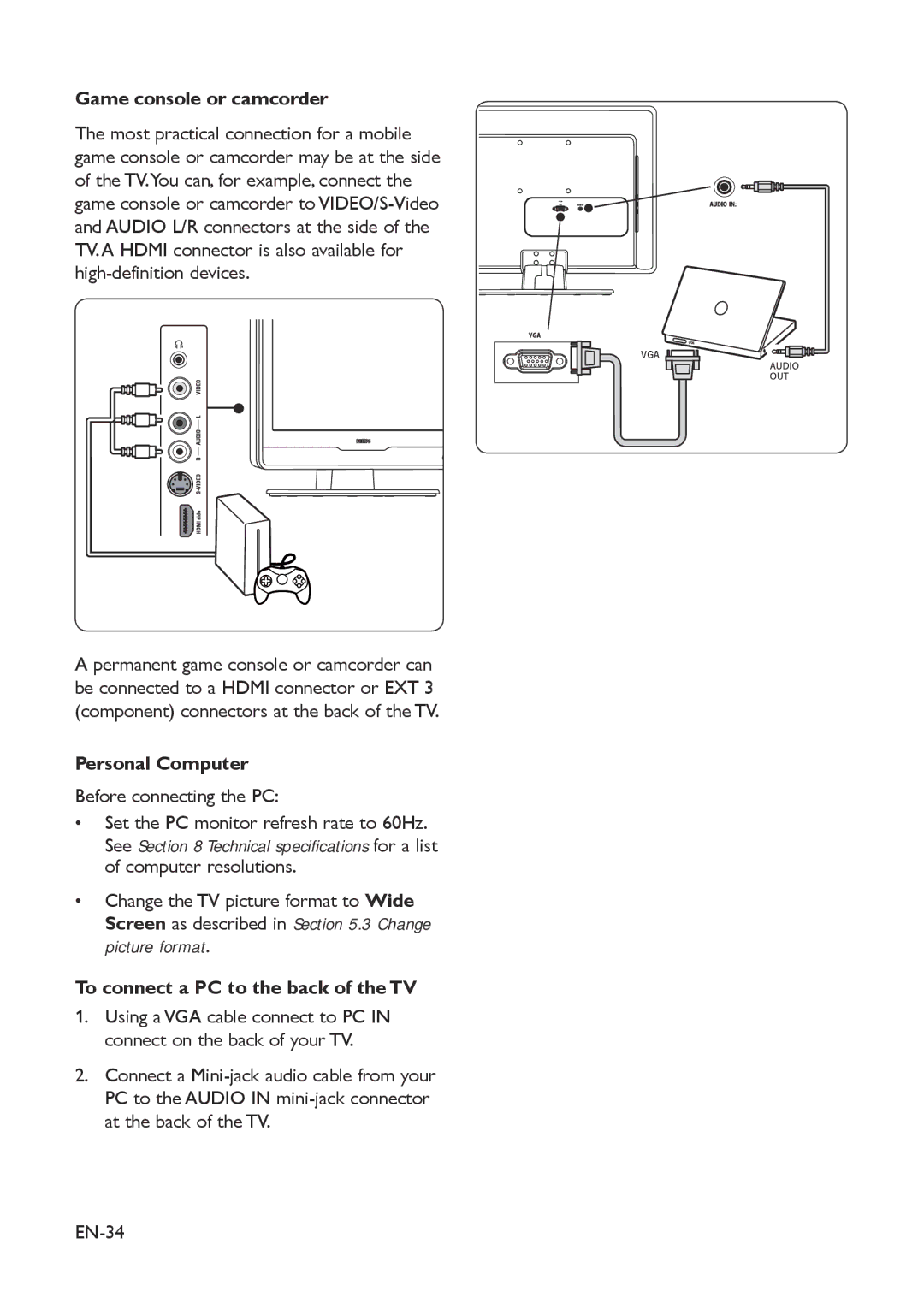 Philips 19PFL3403D/10 Game console or camcorder, Personal Computer, To connect a PC to the back of the TV, EN-34 