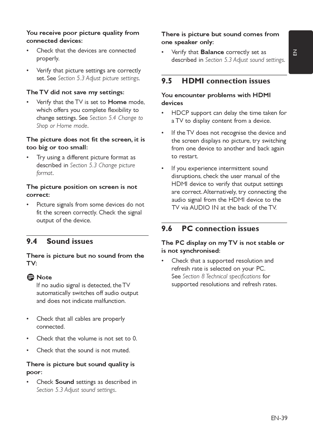 Philips 19PFL3403D/10 user manual Sound issues, Hdmi connection issues, PC connection issues 