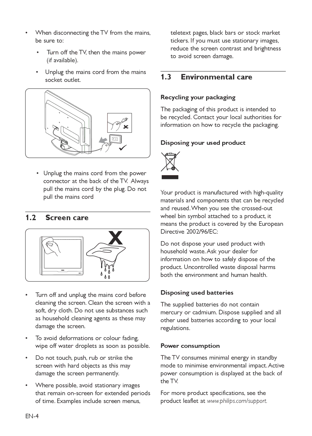 Philips 19PFL3403D/10 user manual Screen care, Environmental care 