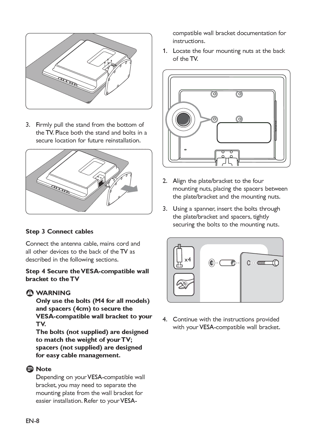 Philips 19PFL3403D/10 user manual Connect cables, Secure the VESA-compatible wall bracket to the TV 