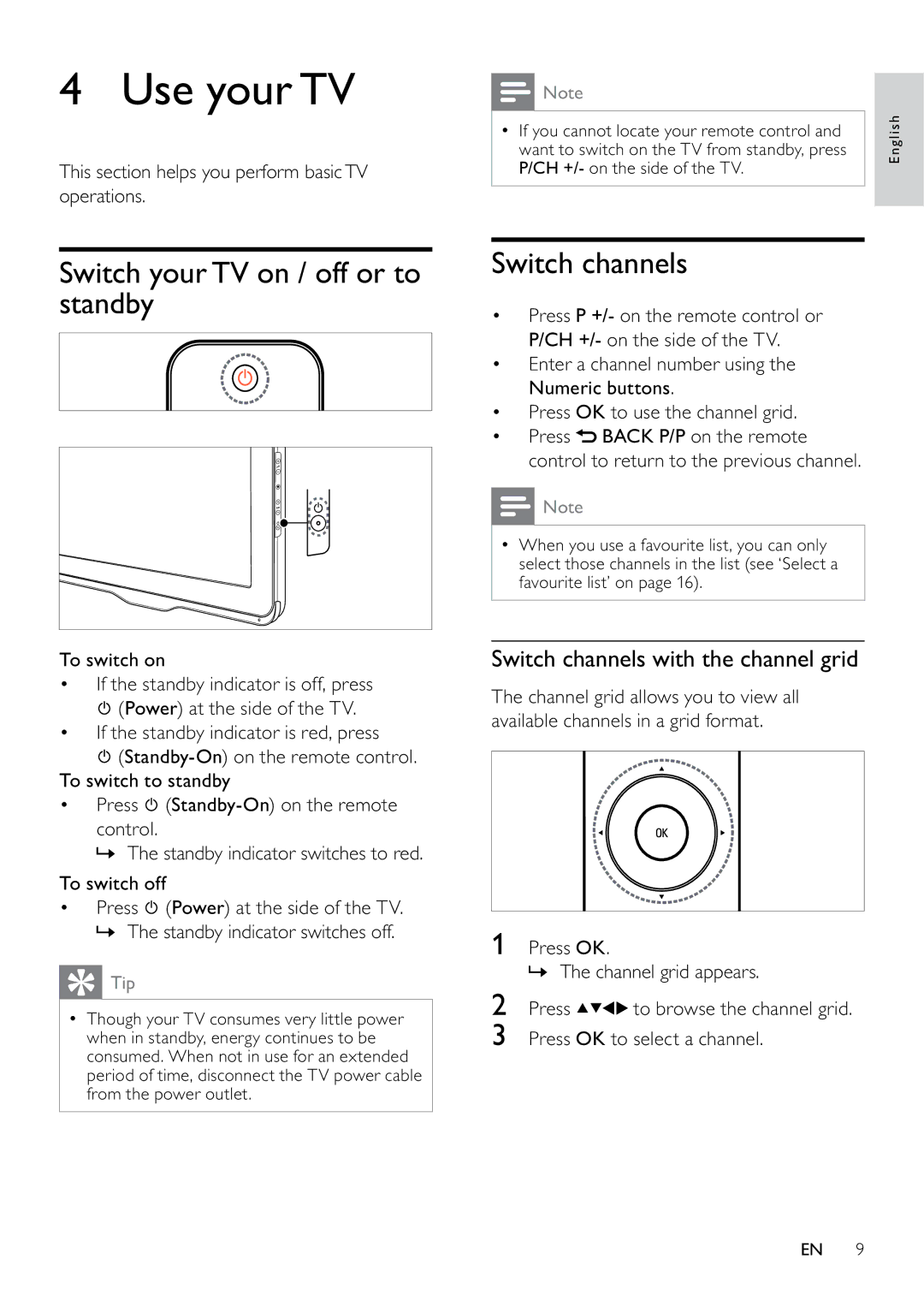 Philips 22PFL3415H/12, 19PFL3405H/12, 26PFL3405H/05 Use your TV, Switch your TV on / off or to standby Switch channels 