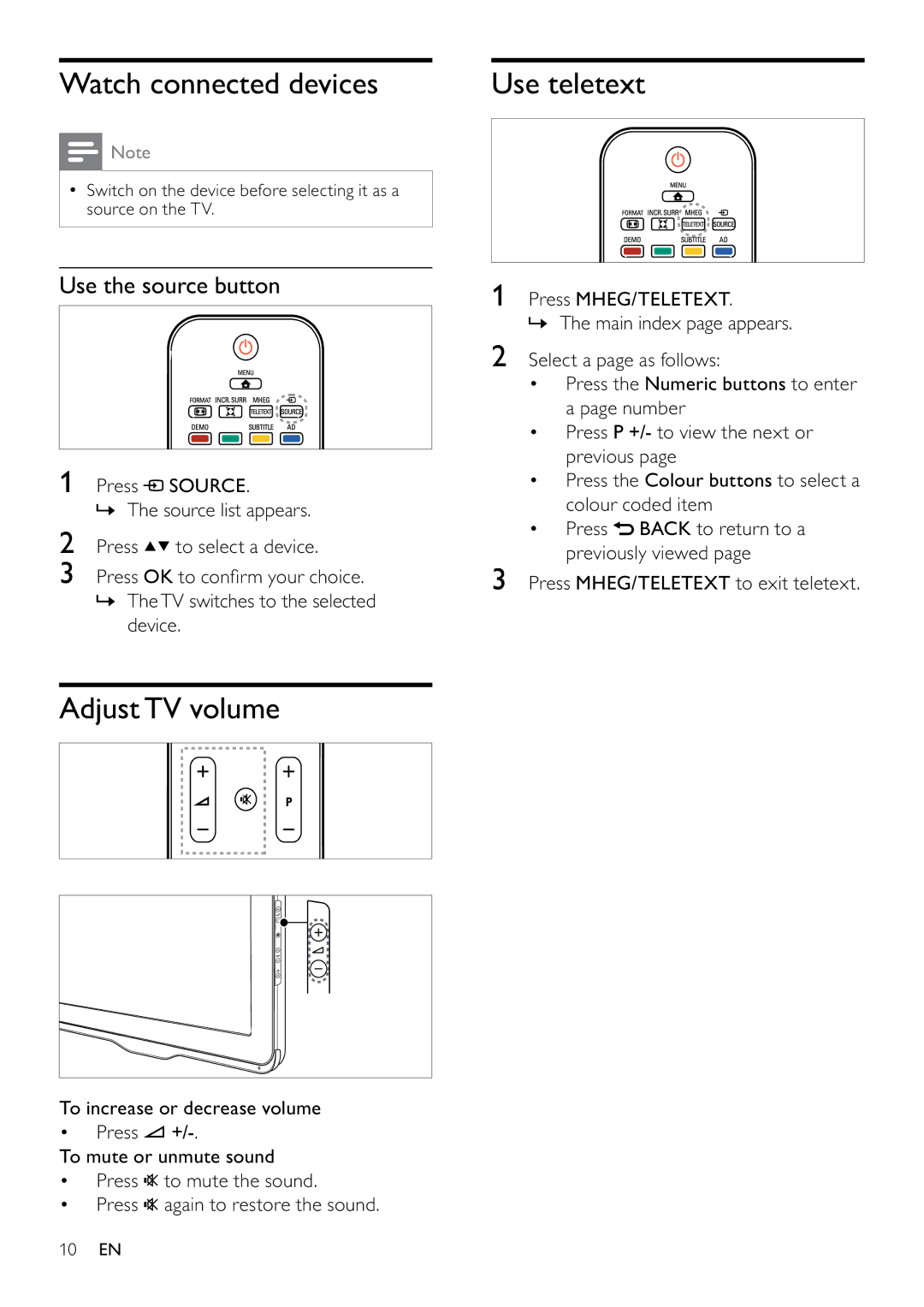 Philips 22PFL3405H/05, 19PFL3405H/12, 26PFL3405H/05 Watch connected devices, Adjust TV volume, Use the source button 