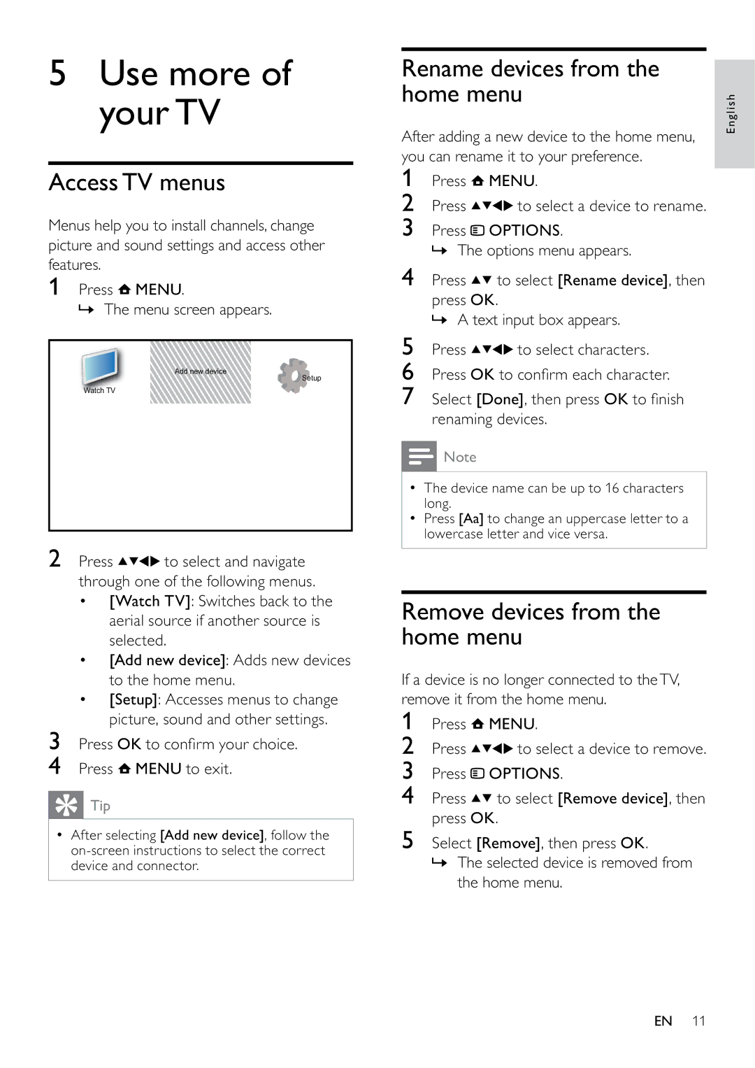 Philips 19PFL3405H/05, 19PFL3405H/12, 26PFL3405H/05 Use more of your TV, Access TV menus, Rename devices from Home menu 