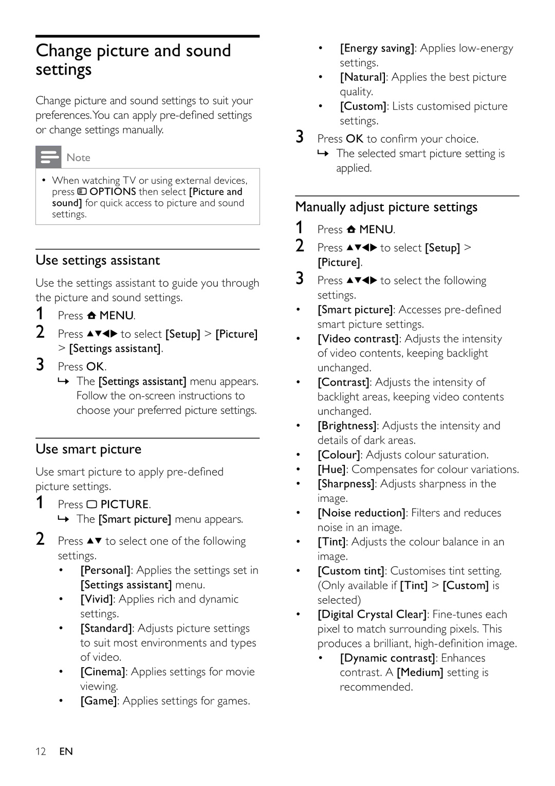 Philips 19PFL3405H/12, 26PFL3405H/05 Change picture and sound settings, Use settings assistant, Use smart picture 