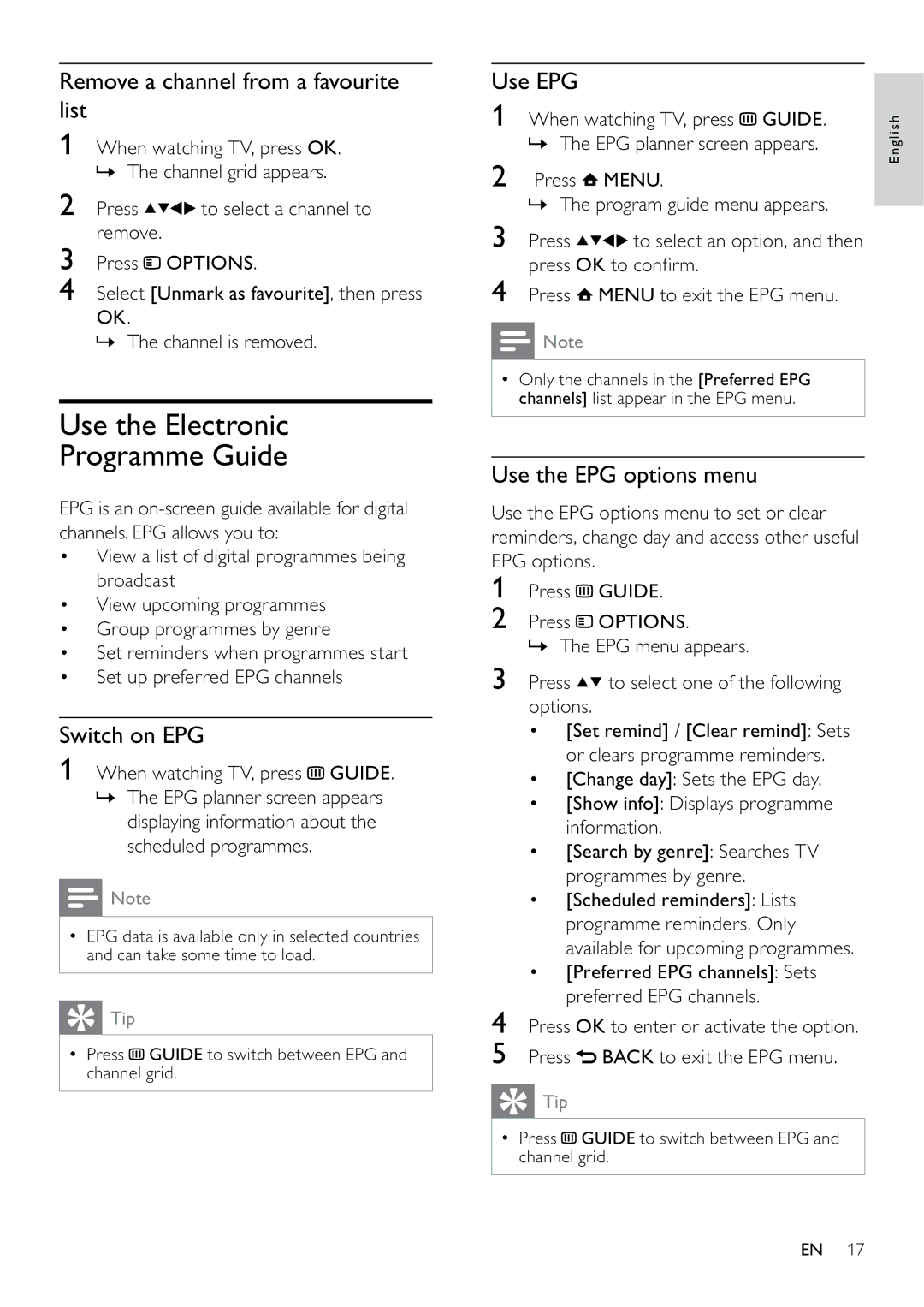 Philips 22PFL3405H/05 Use the Electronic Programme Guide, Remove a channel from a favourite list, Switch on EPG, Use EPG 