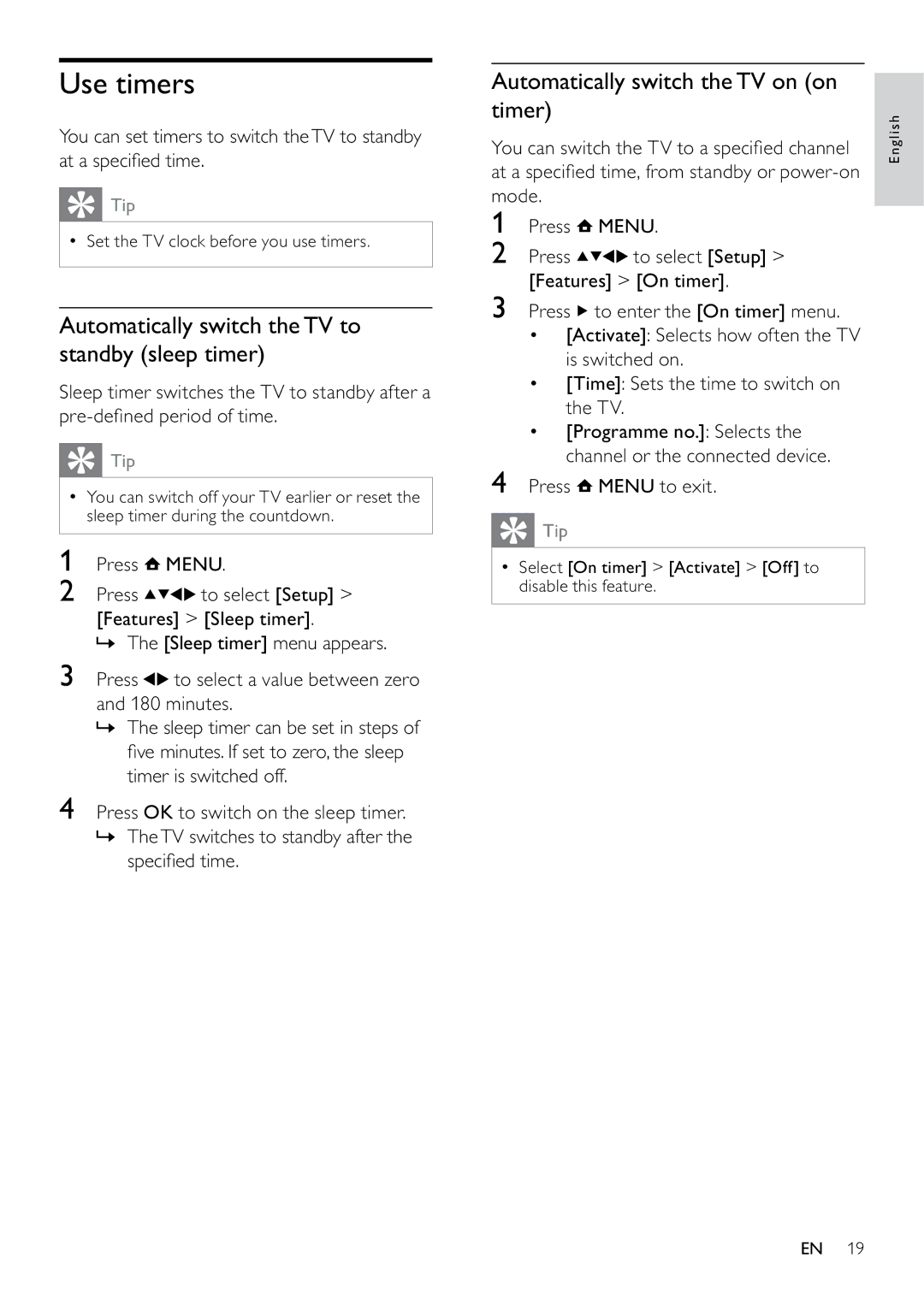 Philips 19PFL3405H/12, 26PFL3405H/05, 26PFL3405H/12 Use timers, Automatically switch the TV to standby sleep timer 