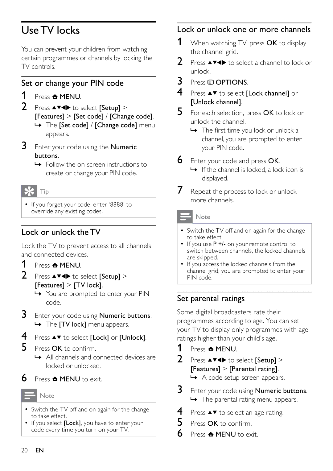 Philips 26PFL3405H/05 user manual Use TV locks, Set or change your PIN code, Lock or unlock the TV, Set parental ratings 