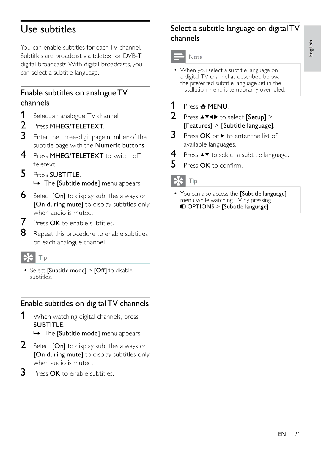 Philips 26PFL3405H/12 Use subtitles, Enable subtitles on analogue TV channels, Enable subtitles on digital TV channels 