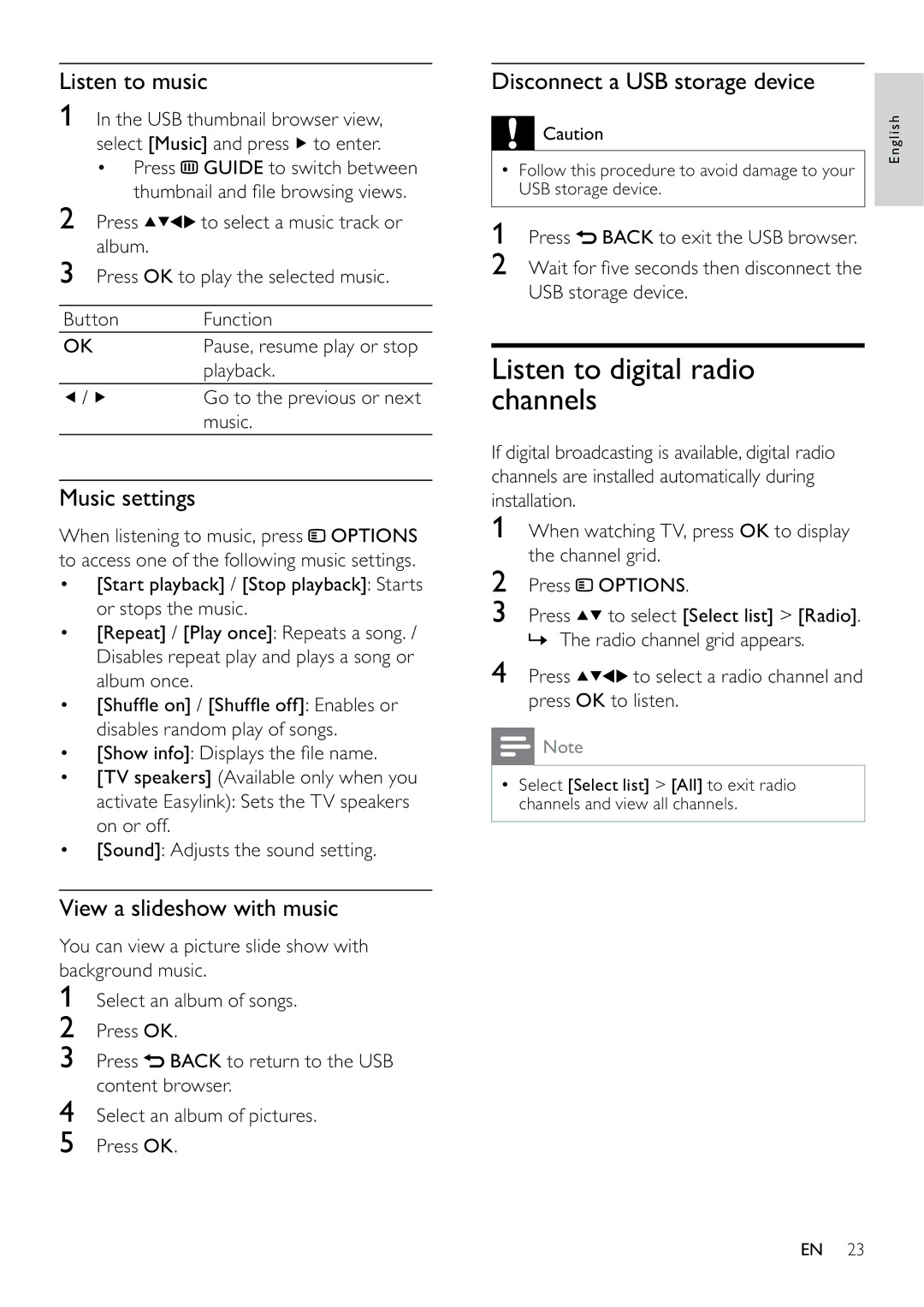 Philips 22PFL3415H/12 Listen to digital radio channels, Listen to music, Music settings, View a slideshow with music 