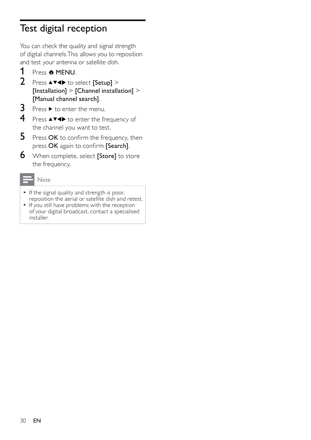 Philips 22PFL3415H/12, 19PFL3405H/12 user manual Test digital reception, When complete, select Store to store the frequency 