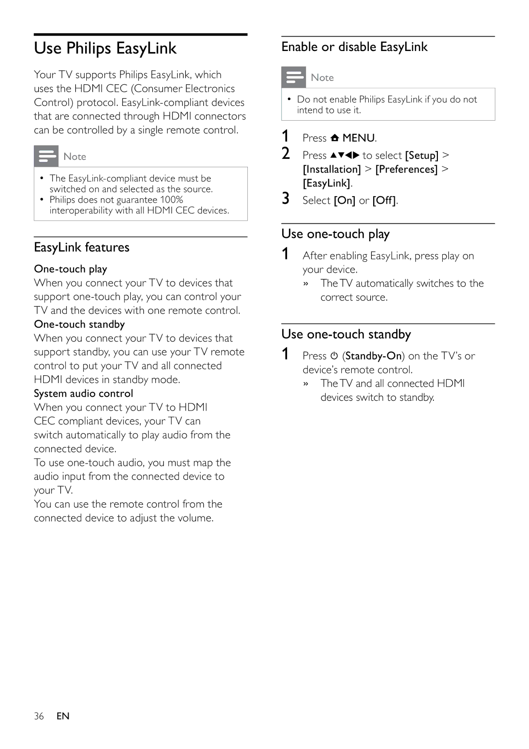 Philips 22PFL3405H/12 user manual Use Philips EasyLink, EasyLink features, Enable or disable EasyLink, Use one-touch play 